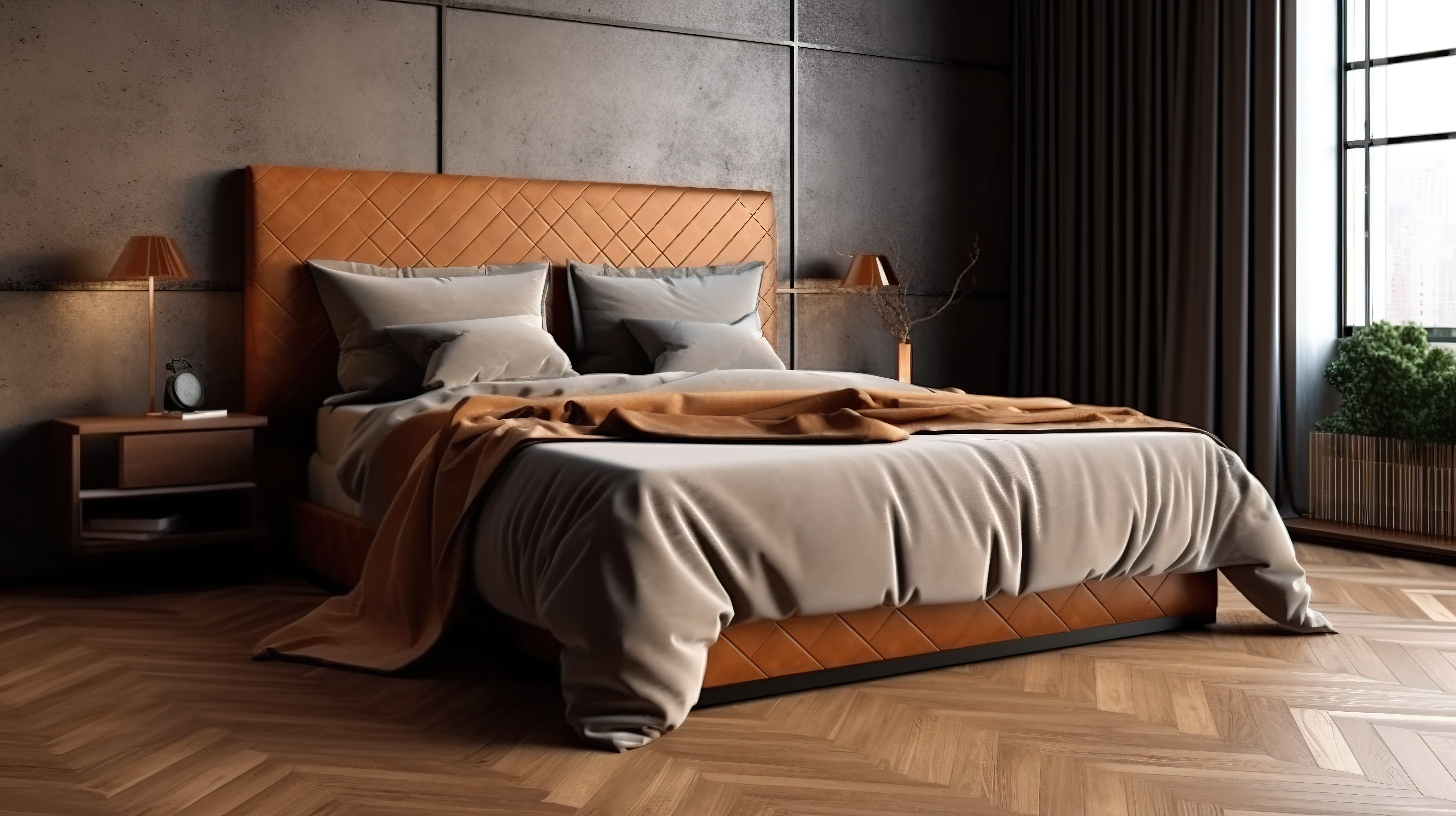 提升舒适度的装饰艺术风格床，配有绗缝装饰和镶木地板床头板，浓郁的棕色卧室氛围 3D 渲染图片