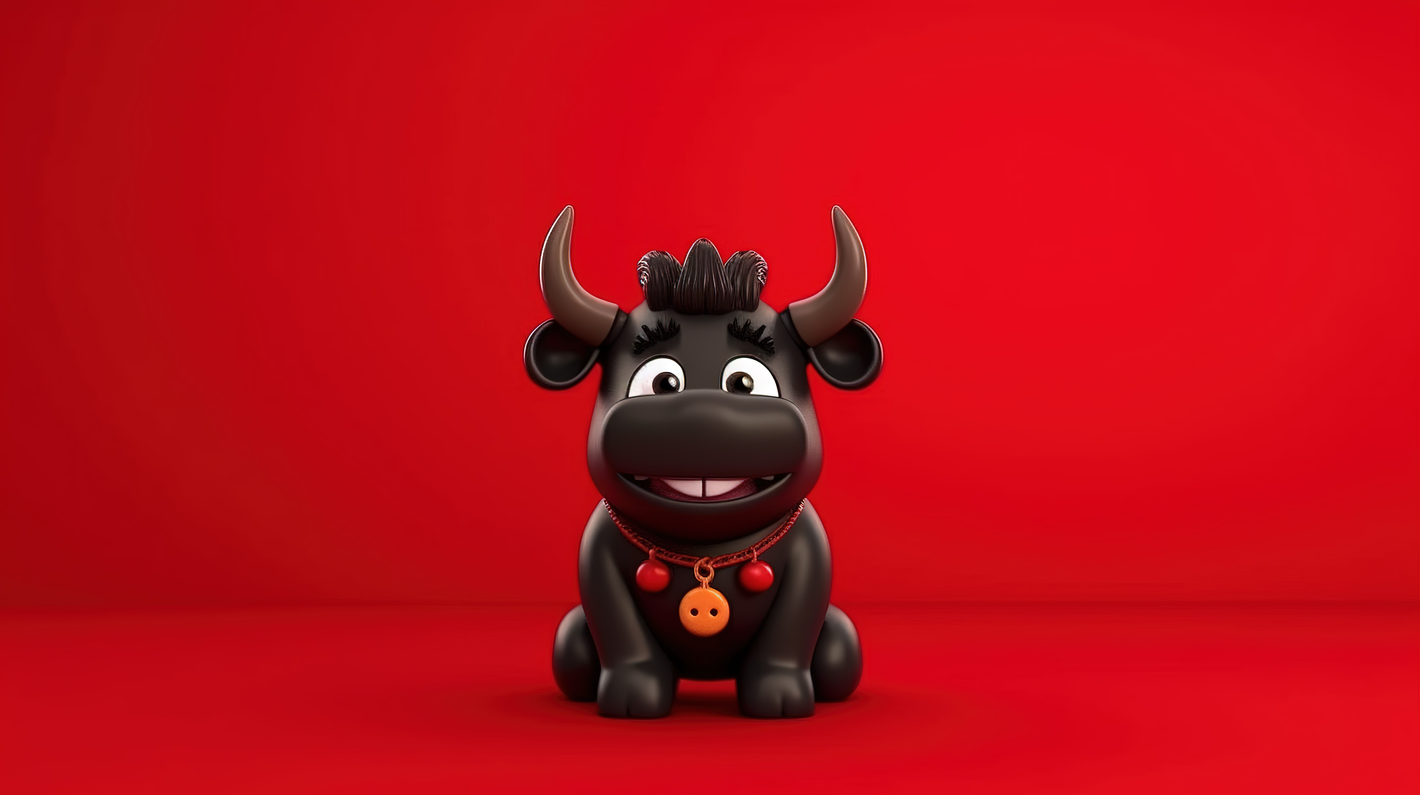可爱的陶瓷黑牛在 3D 渲染中隔离在欢快的红色背景上图片