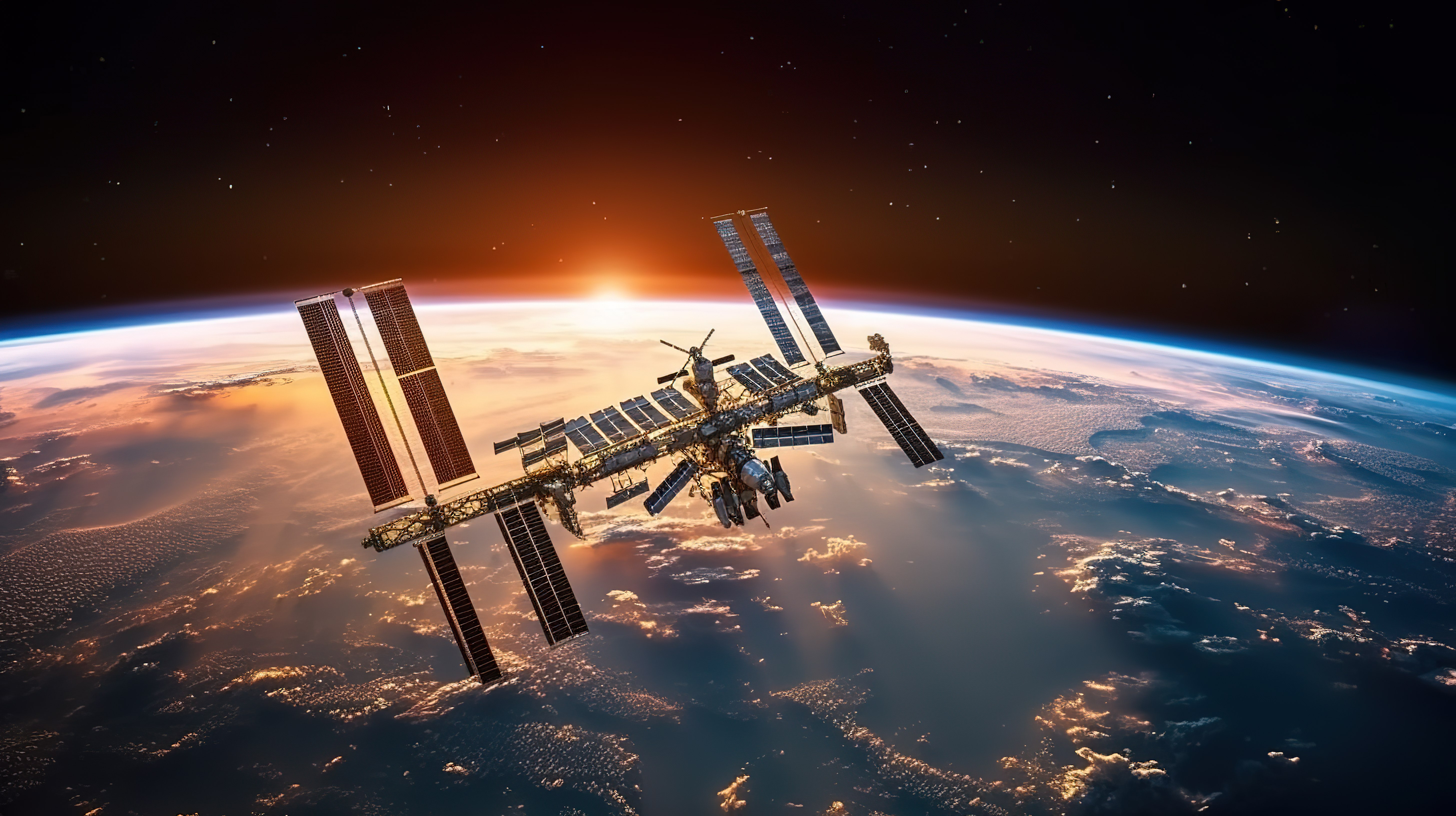美国宇航局 3D 渲染的国际空间站绕地球运行的壮观景色图片
