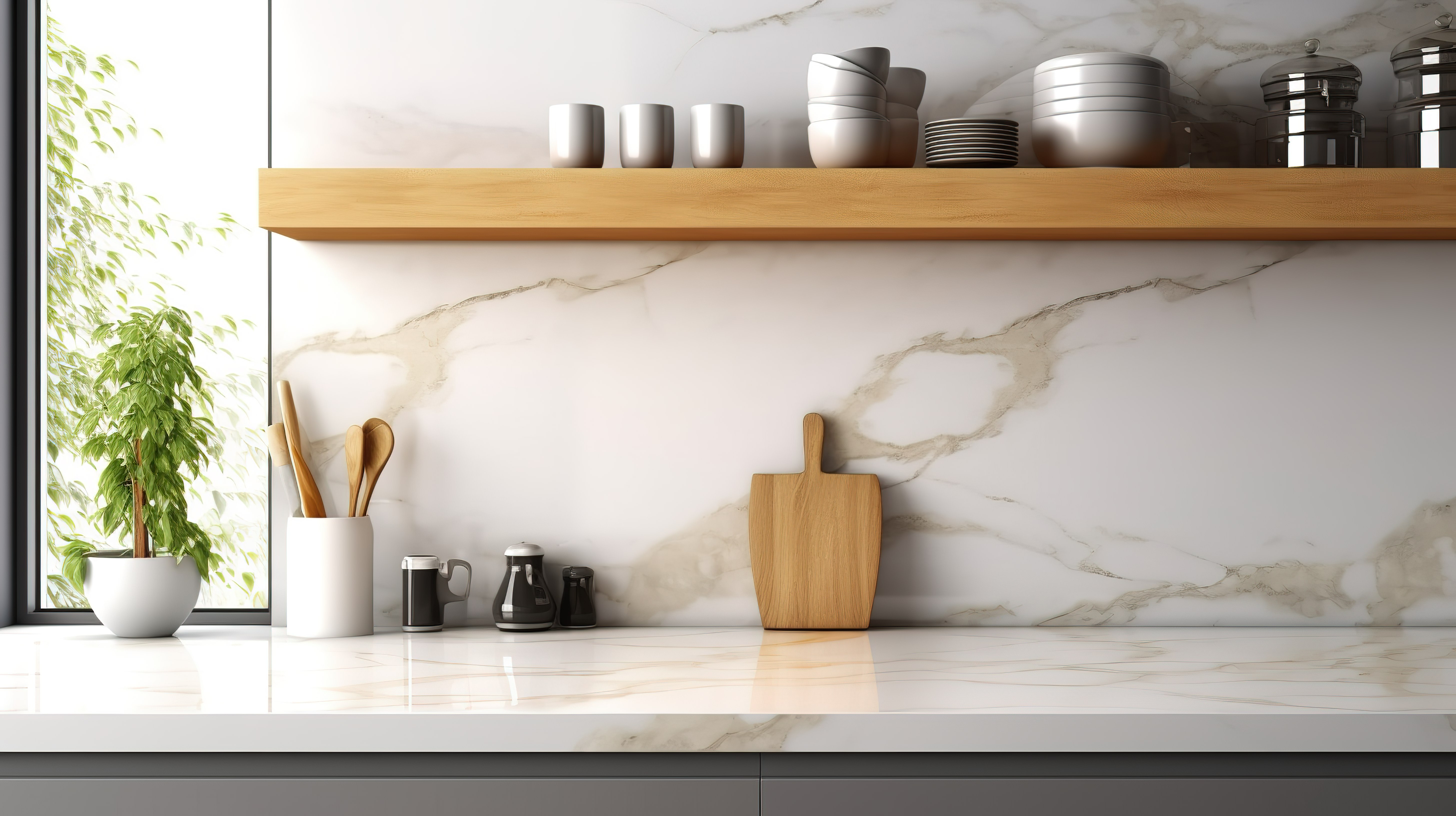 现代厨房台面设计与烤箱炉灶和自然背景的 3D 插图图片