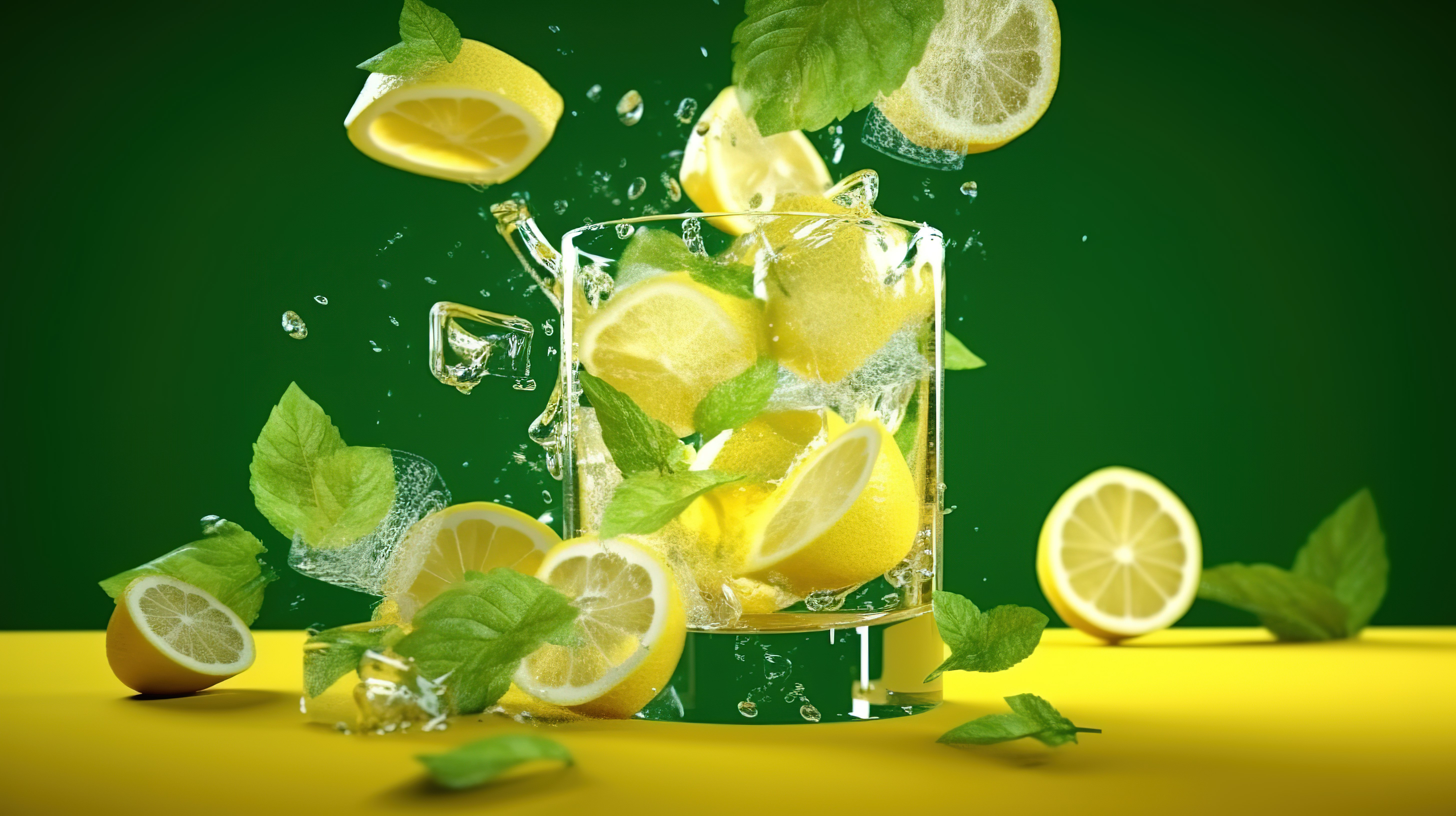 清爽的柠檬薄荷和冰饮料与落片 3d 渲染图片