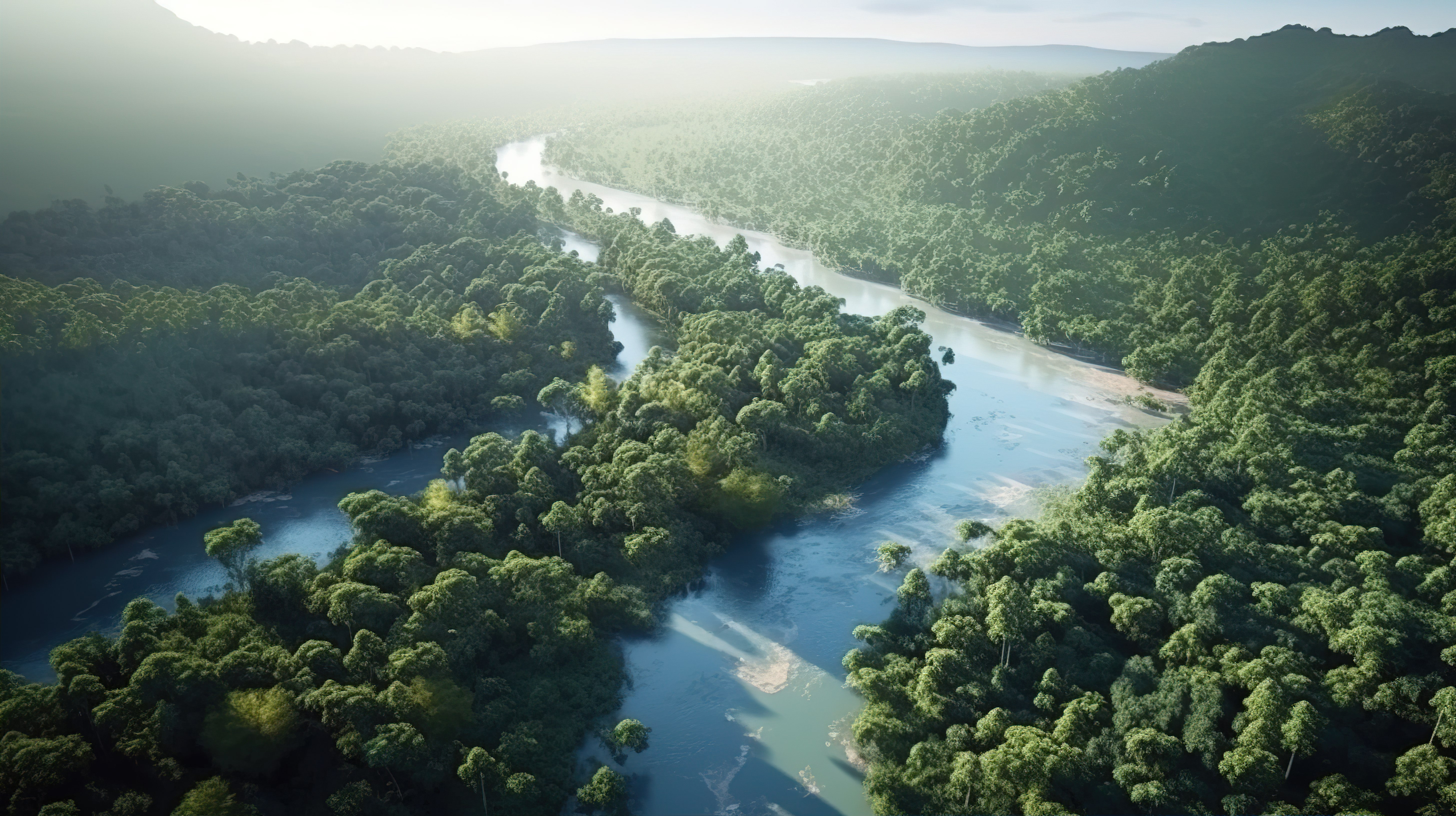 鸟瞰茂密的热带雨林和蜿蜒的河流，令人惊叹的气候和自然景观图片