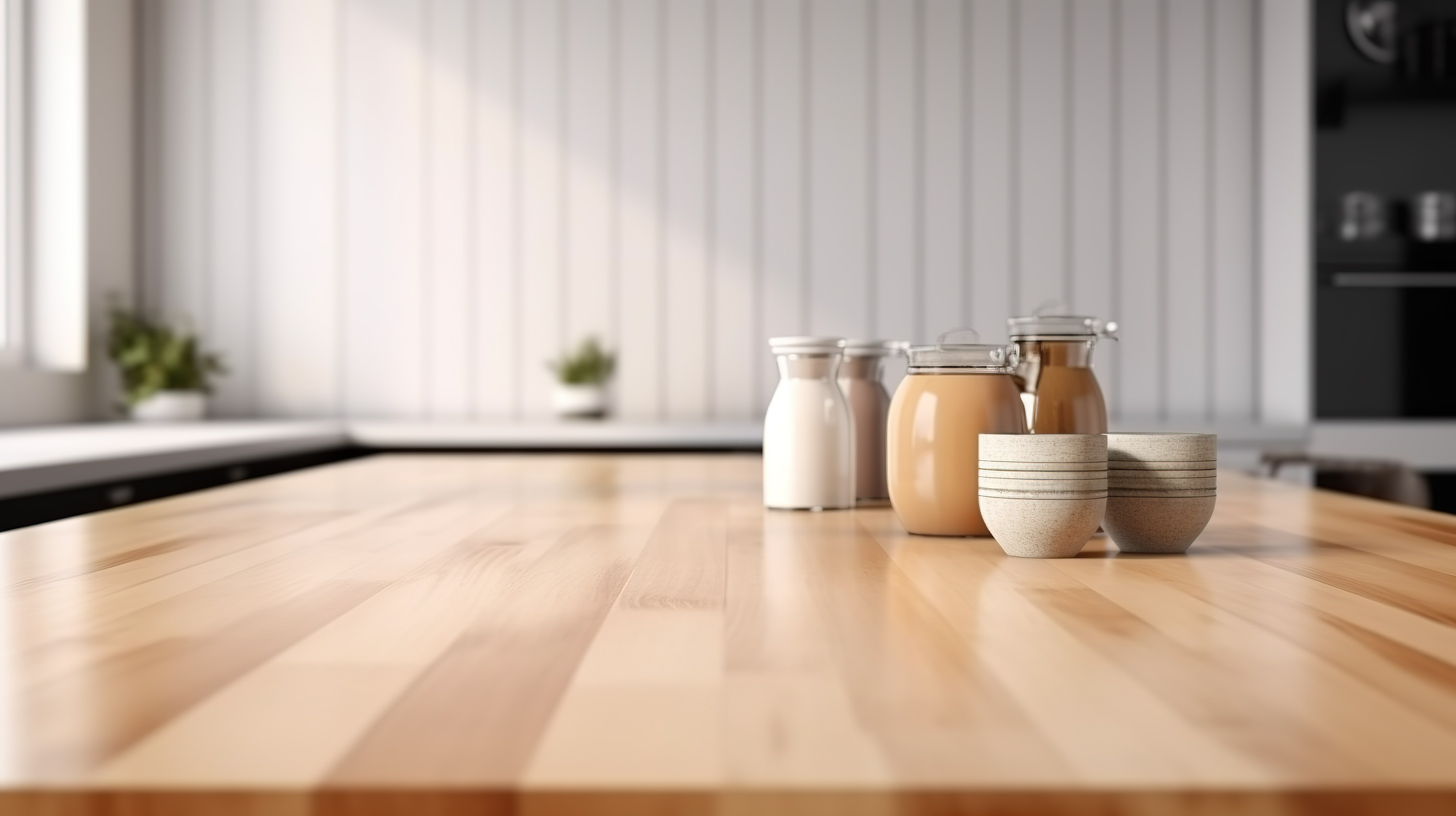 时尚简约的厨房内部配有令人惊叹的木质桌面特写 3D 渲染图片