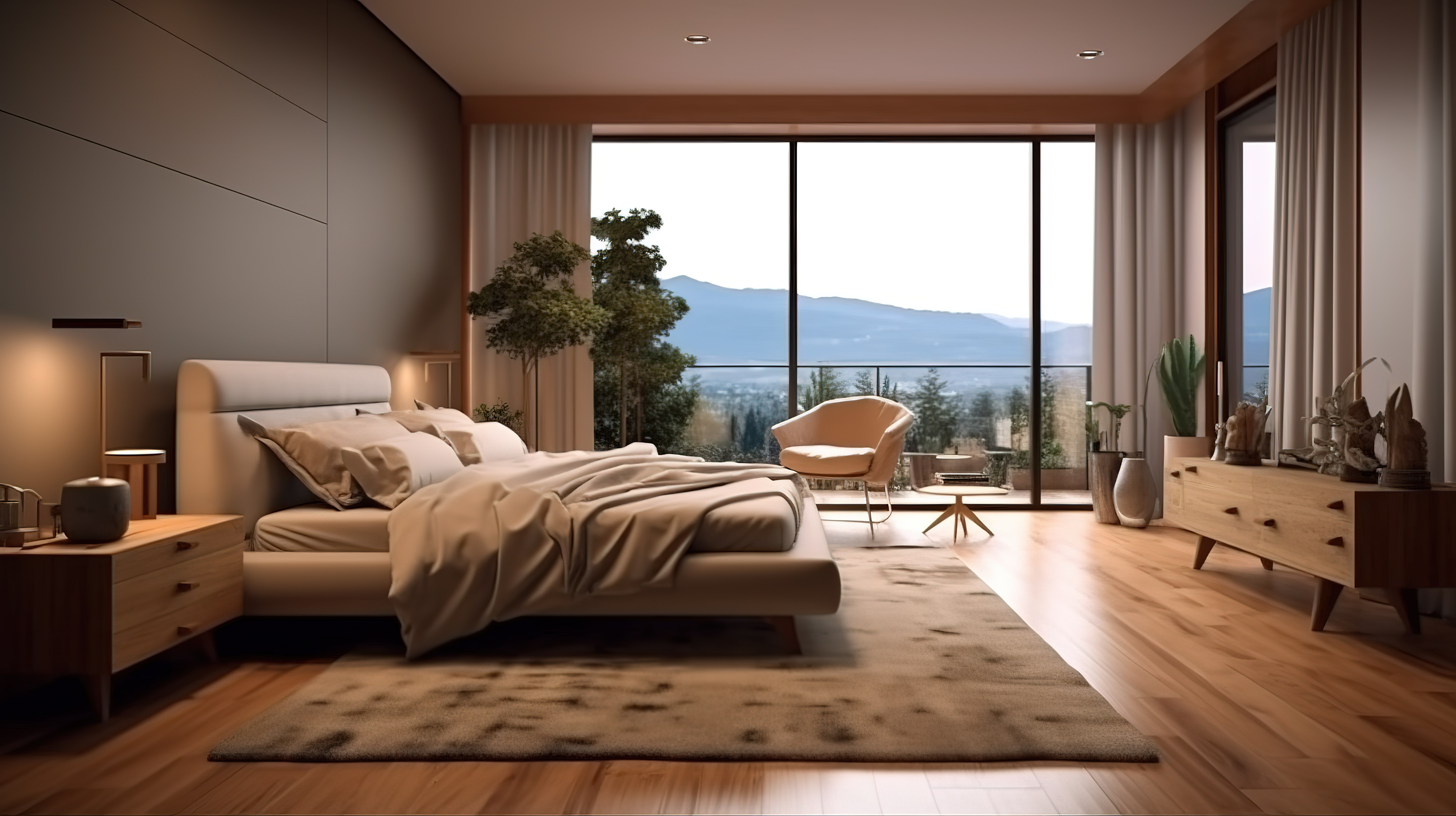 公寓或酒店室内设计中宁静卧室和休闲空间的 3D 渲染图片