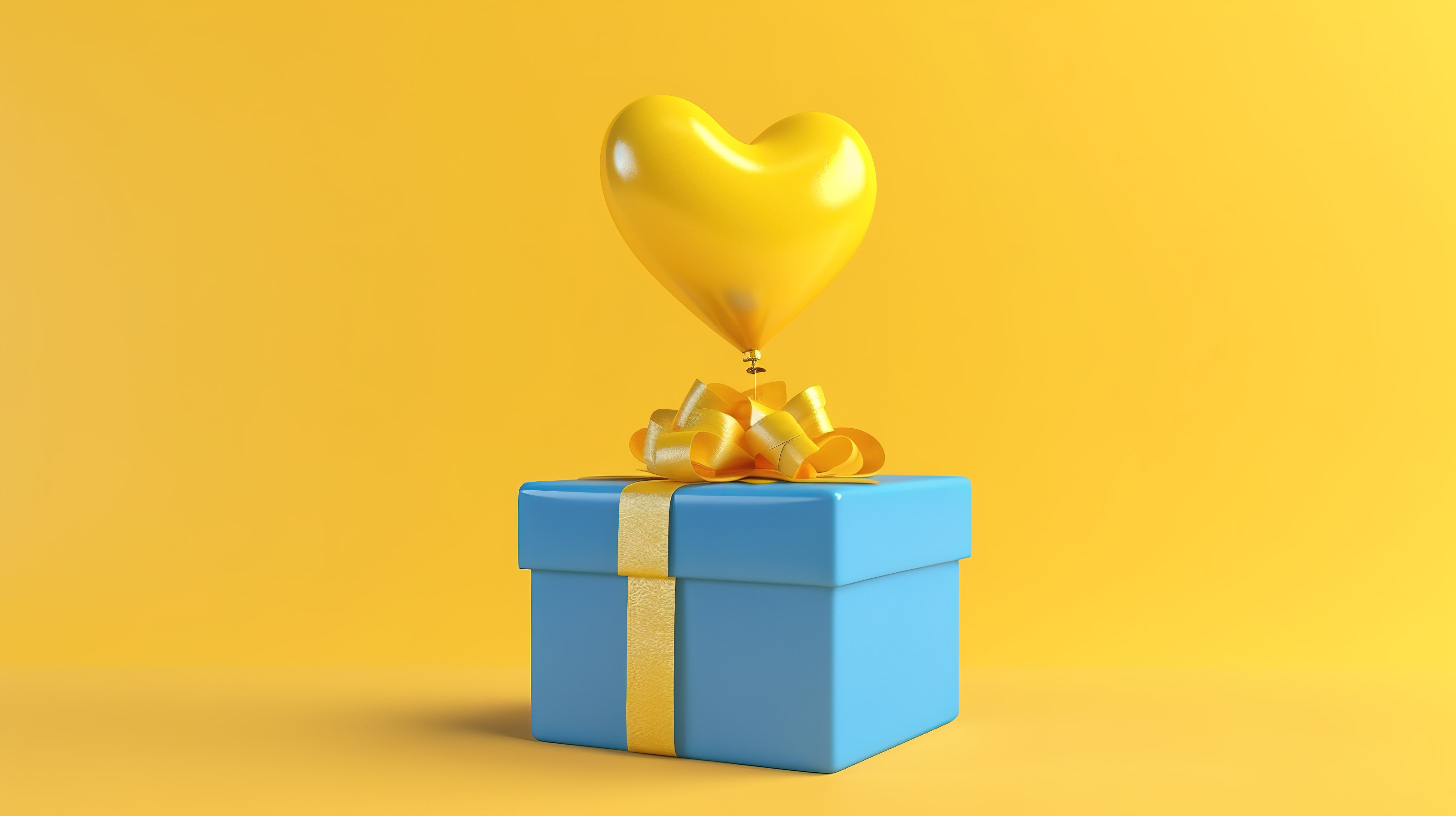 3D 渲染心形气球和蓝色礼品盒的插图，黄色背景上有丝带图片