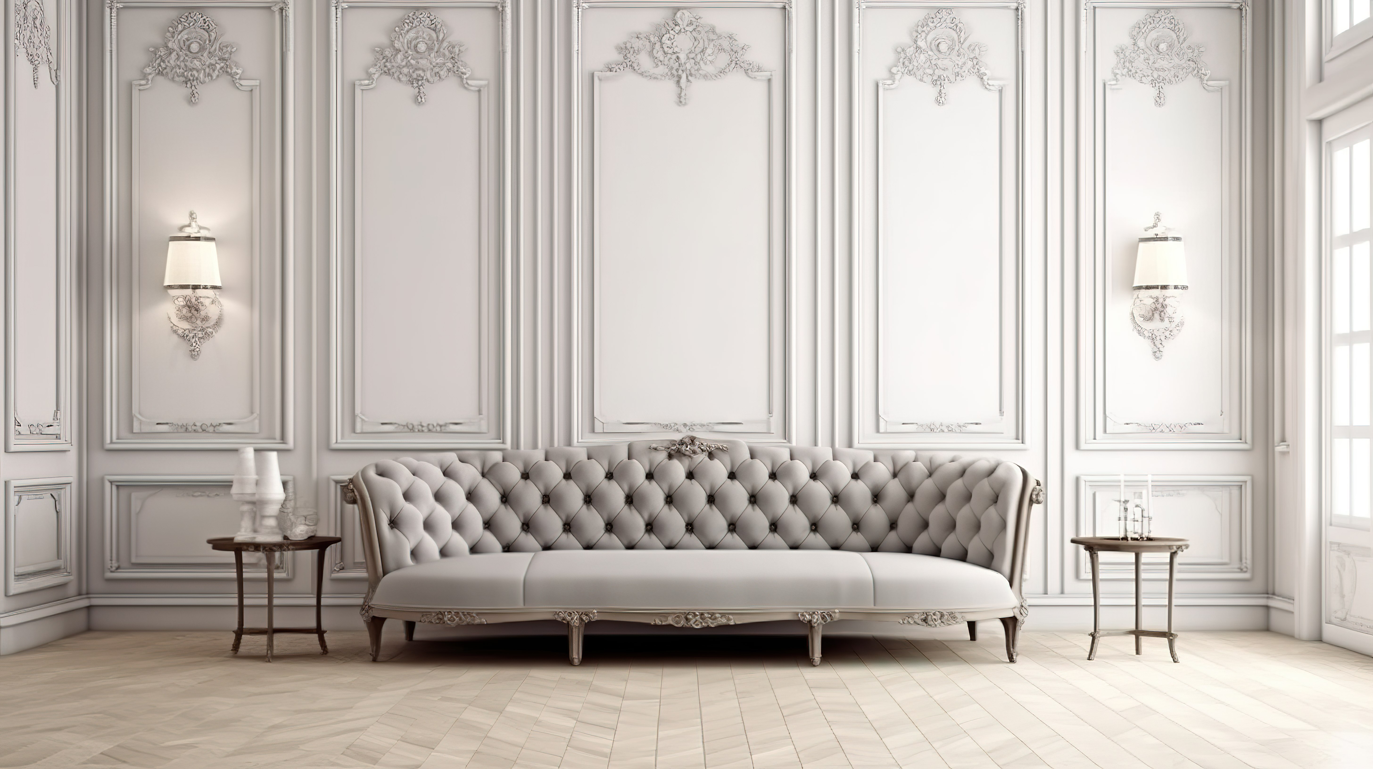 传统环境中优雅的簇绒沙发，可容纳文字白色墙板人字形镶木地板 3D 渲染图片