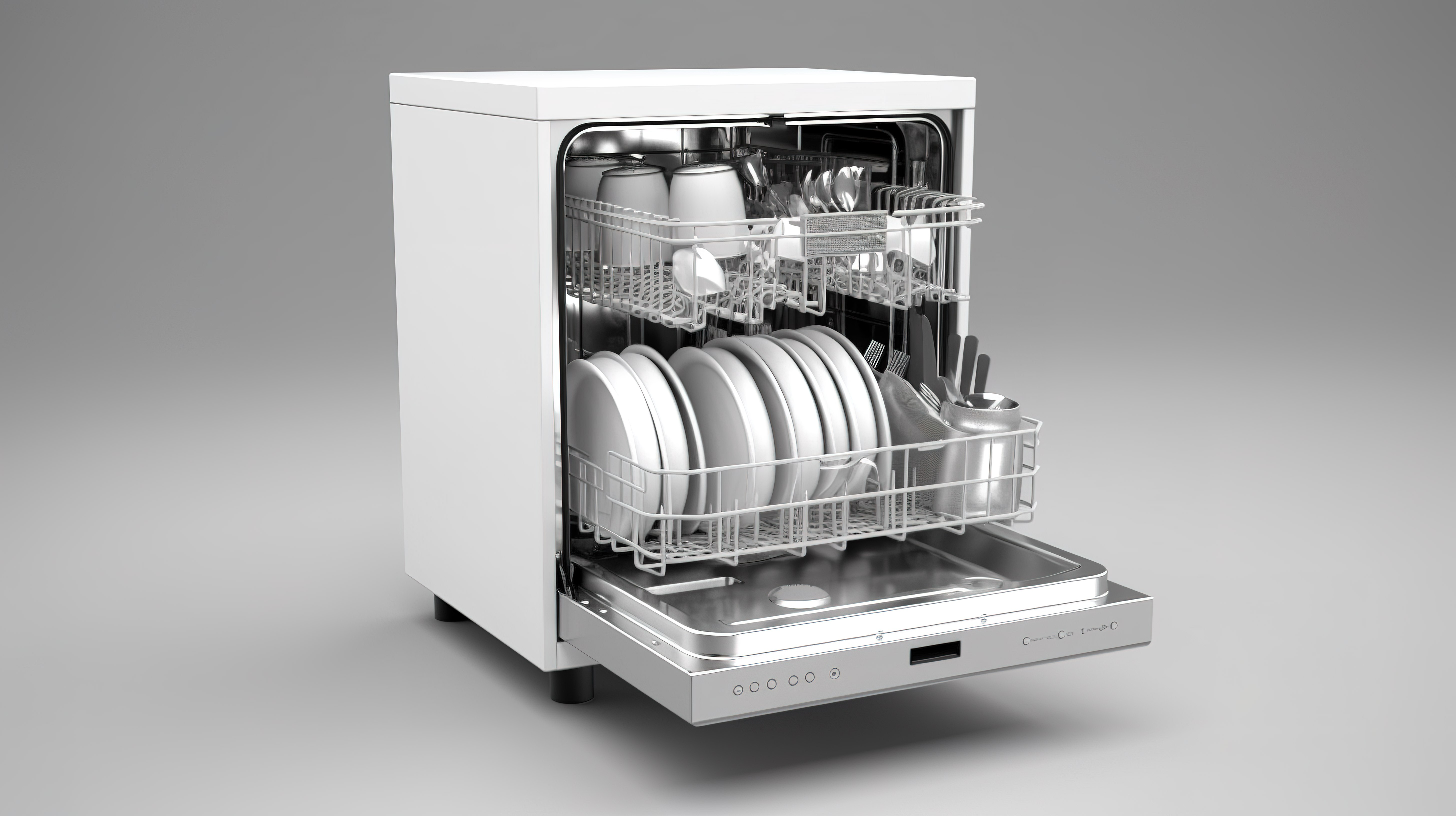 白色背景独立式洗碗机的 3D 渲染图片