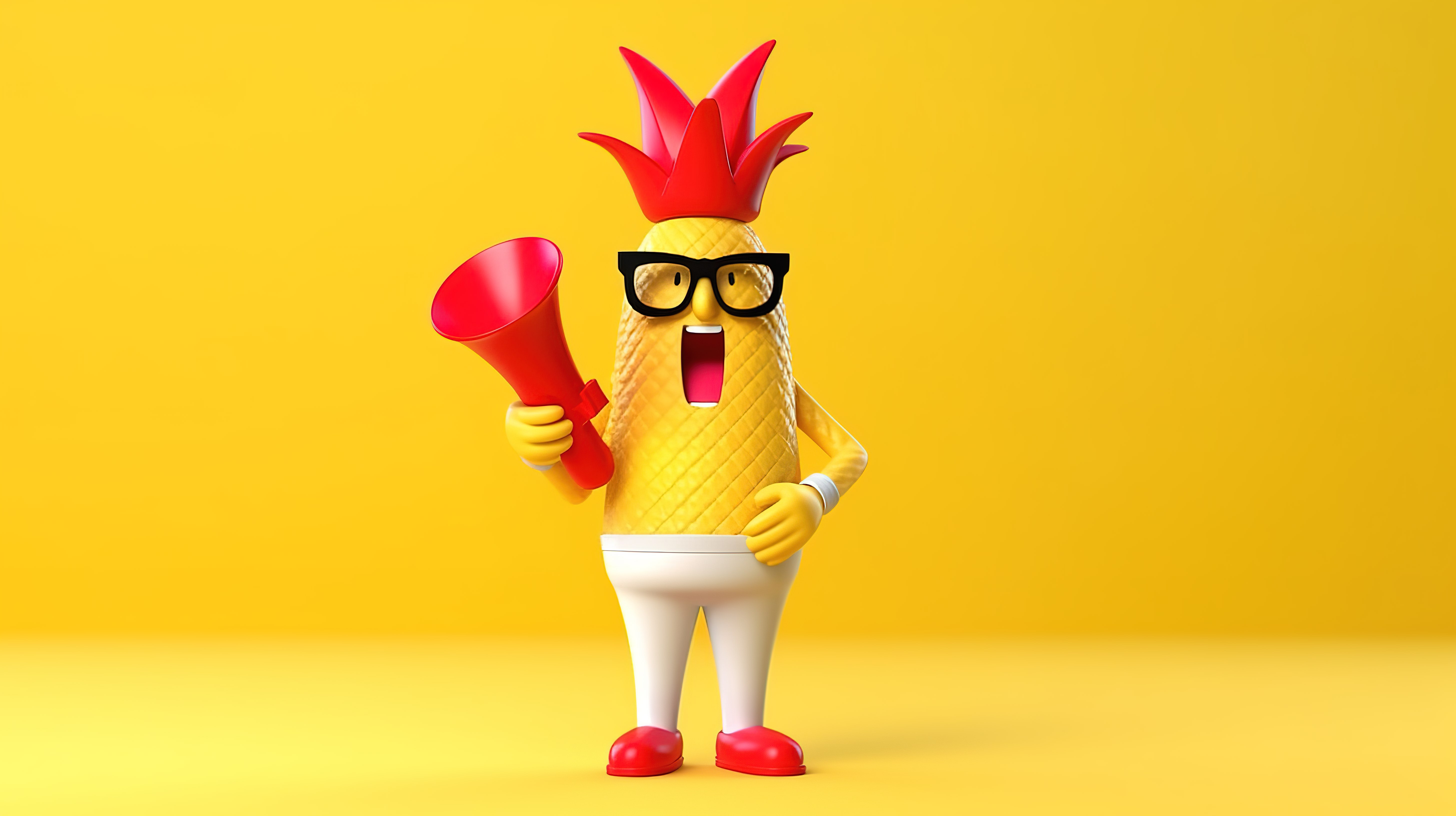 欢快的菠萝嬉皮士，带着老式扩音器，充满活力的卡通人物吉祥物，在阳光明媚的黄色背景下制作 3D图片