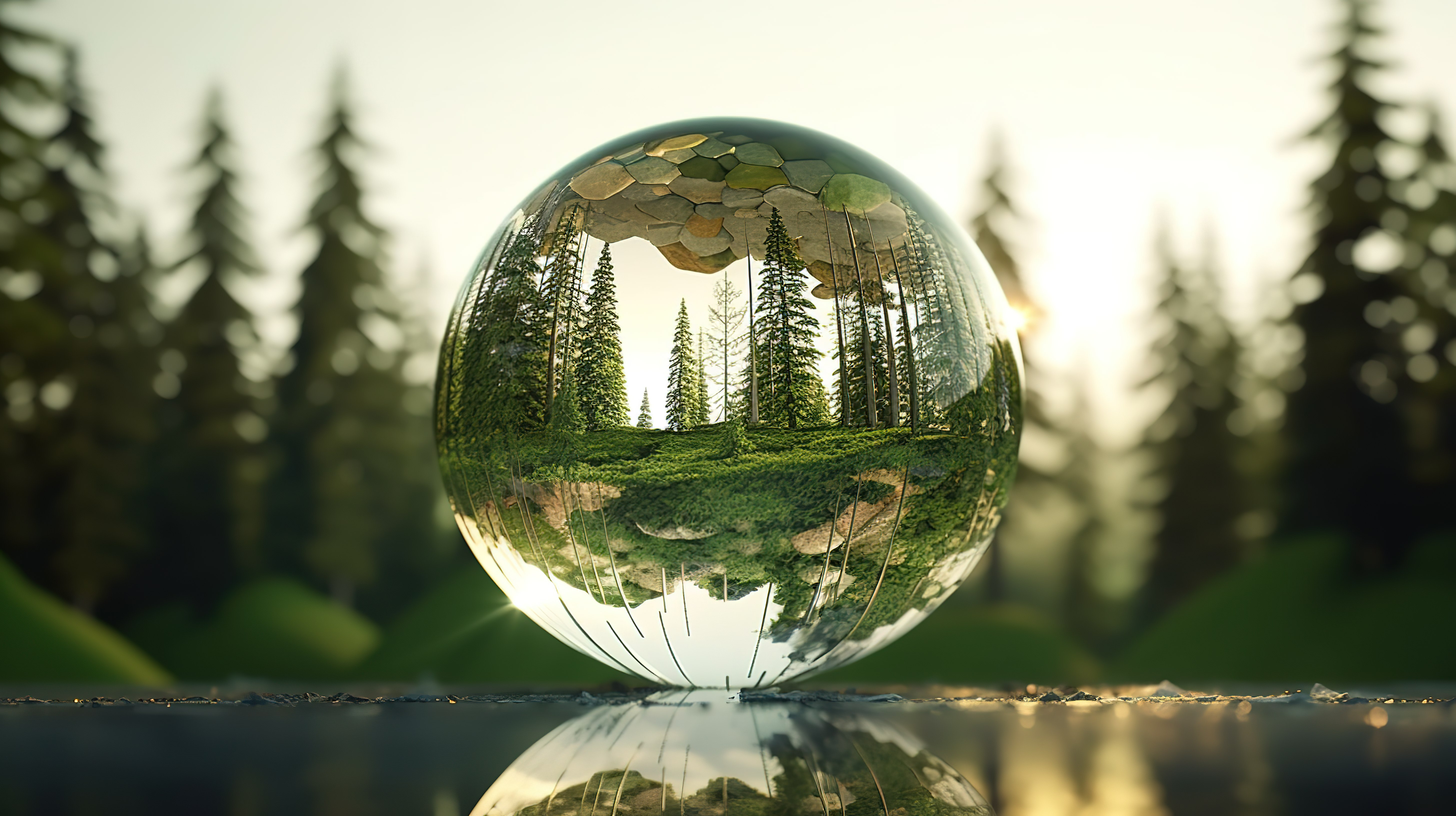 通过 3D 渲染中的几何形状对森林环境进行球面反射图片