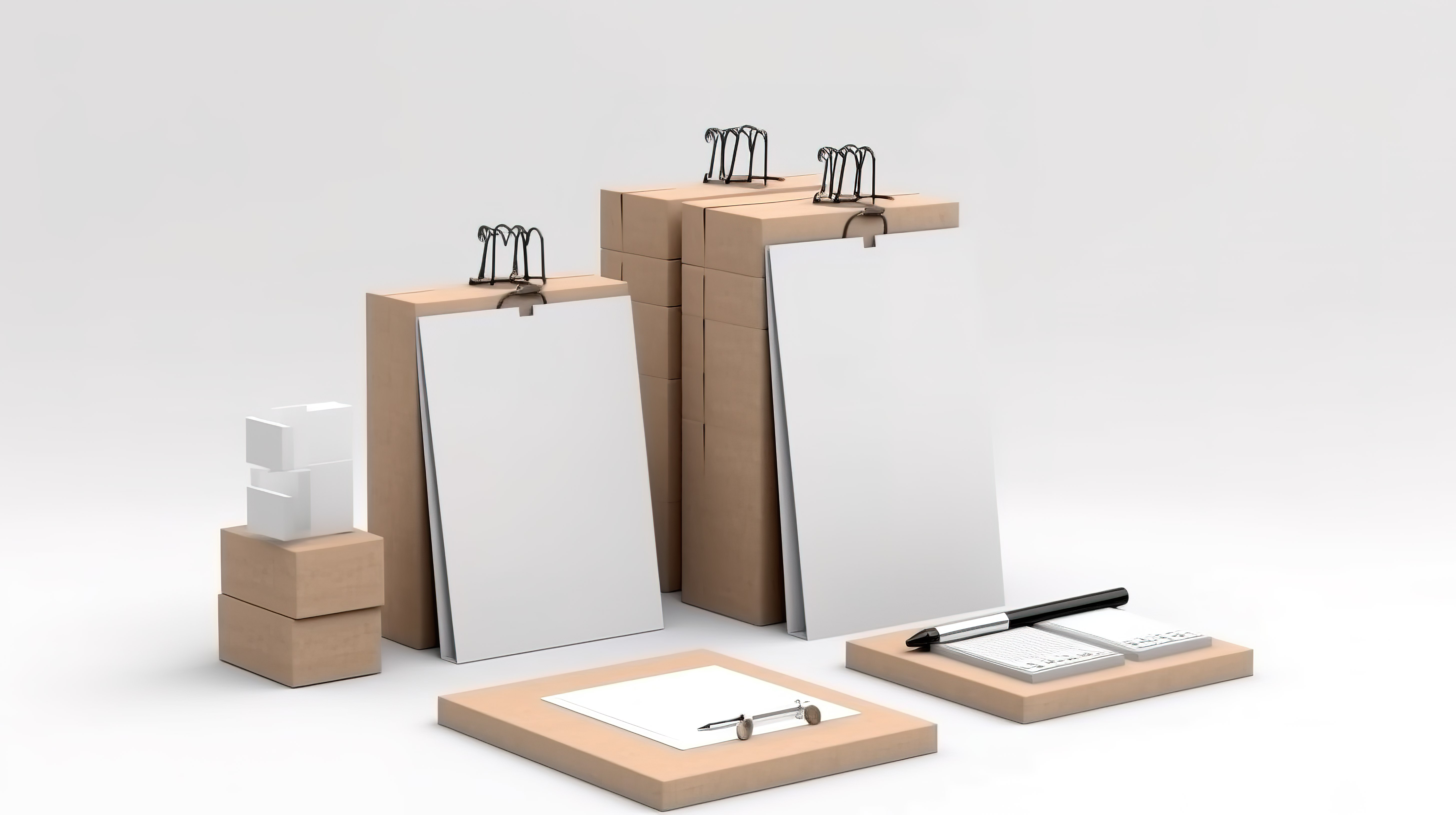 白色背景 3D 渲染上堆叠的商品盒旁边的空白纸剪贴板和笔的模型图片