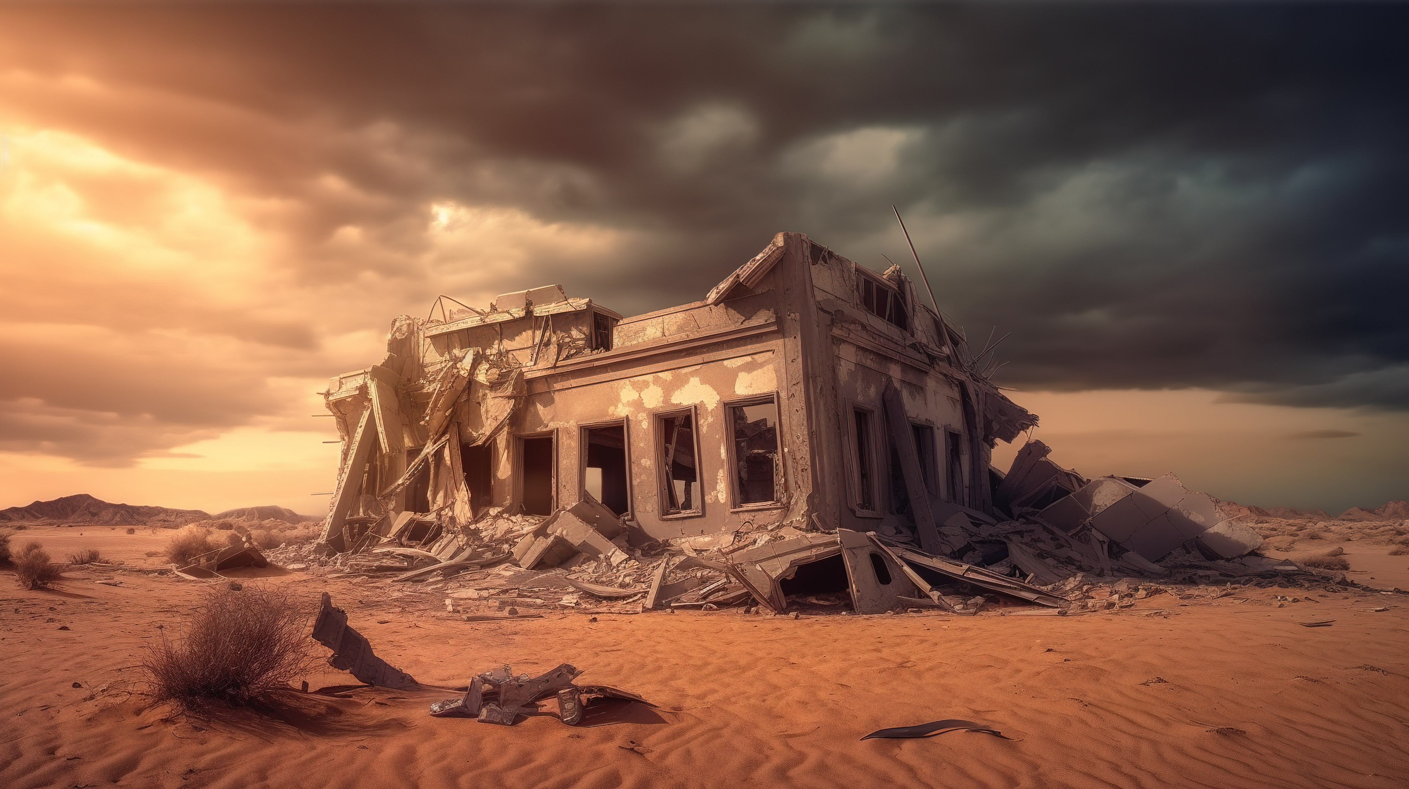 3D 渲染的险恶天际线中的破旧沙漠建筑图片
