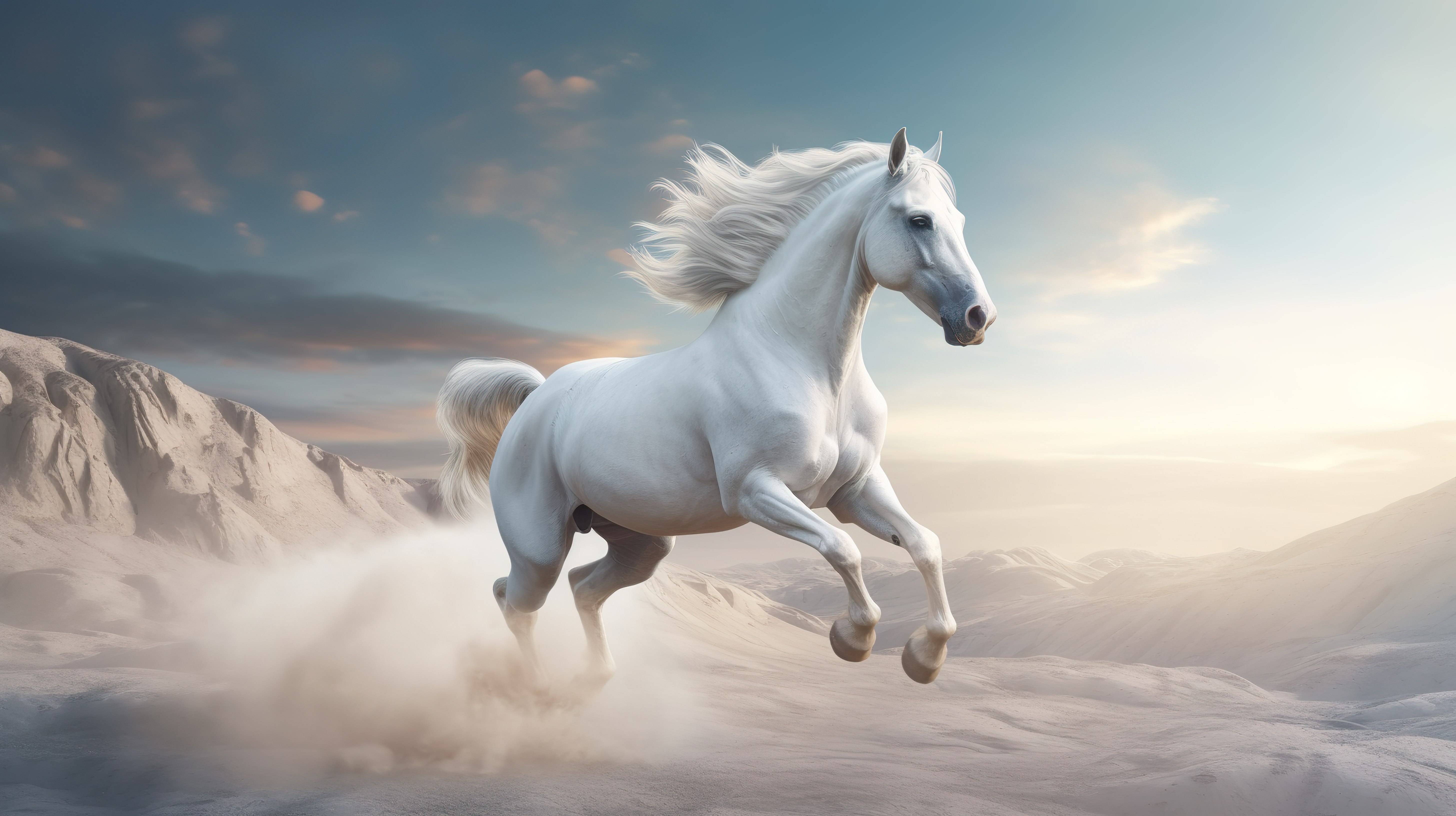 一匹白马全速驰骋的 3d 插图图片