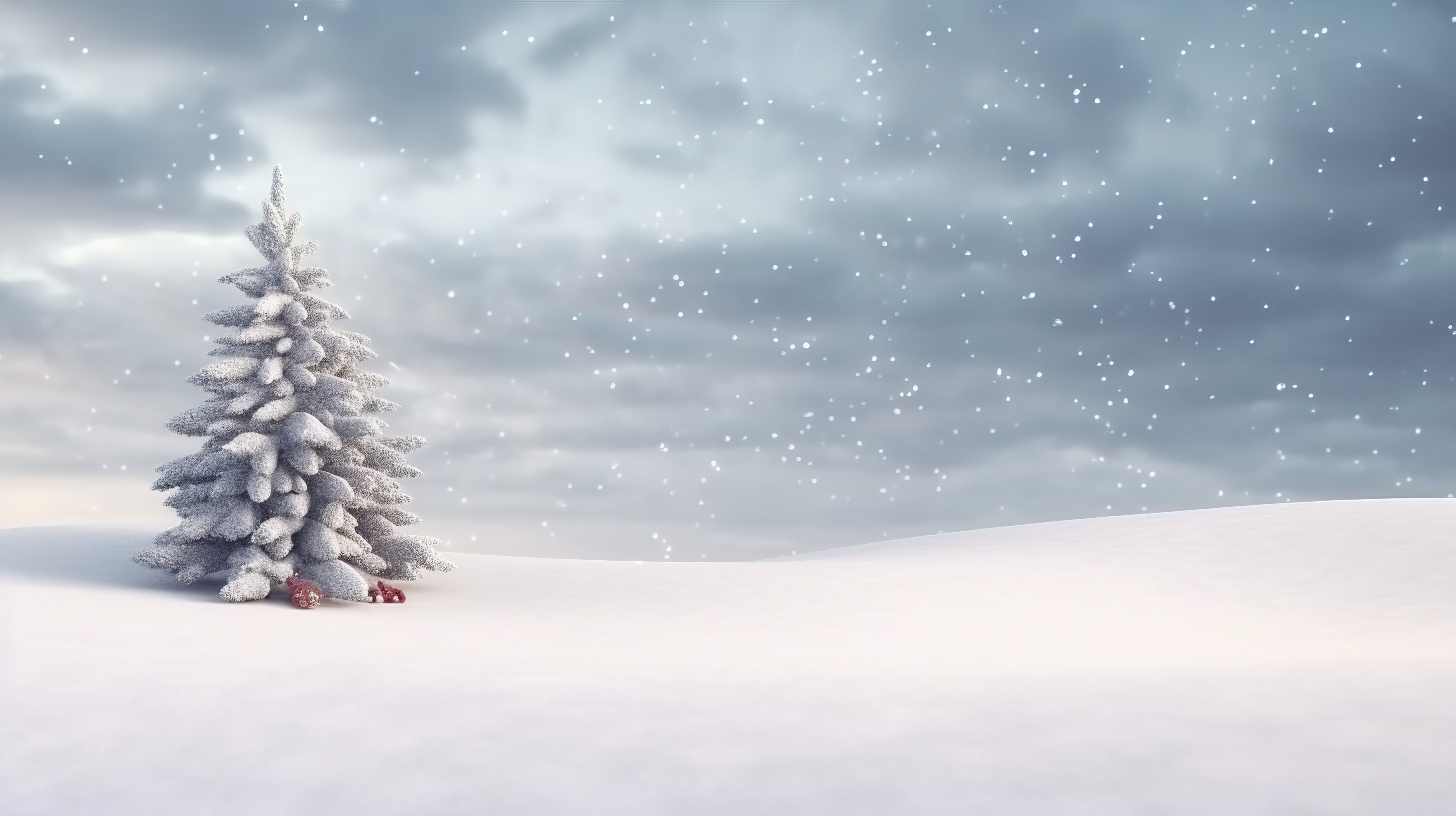 松树和雪圣诞场景的 3D 渲染图片