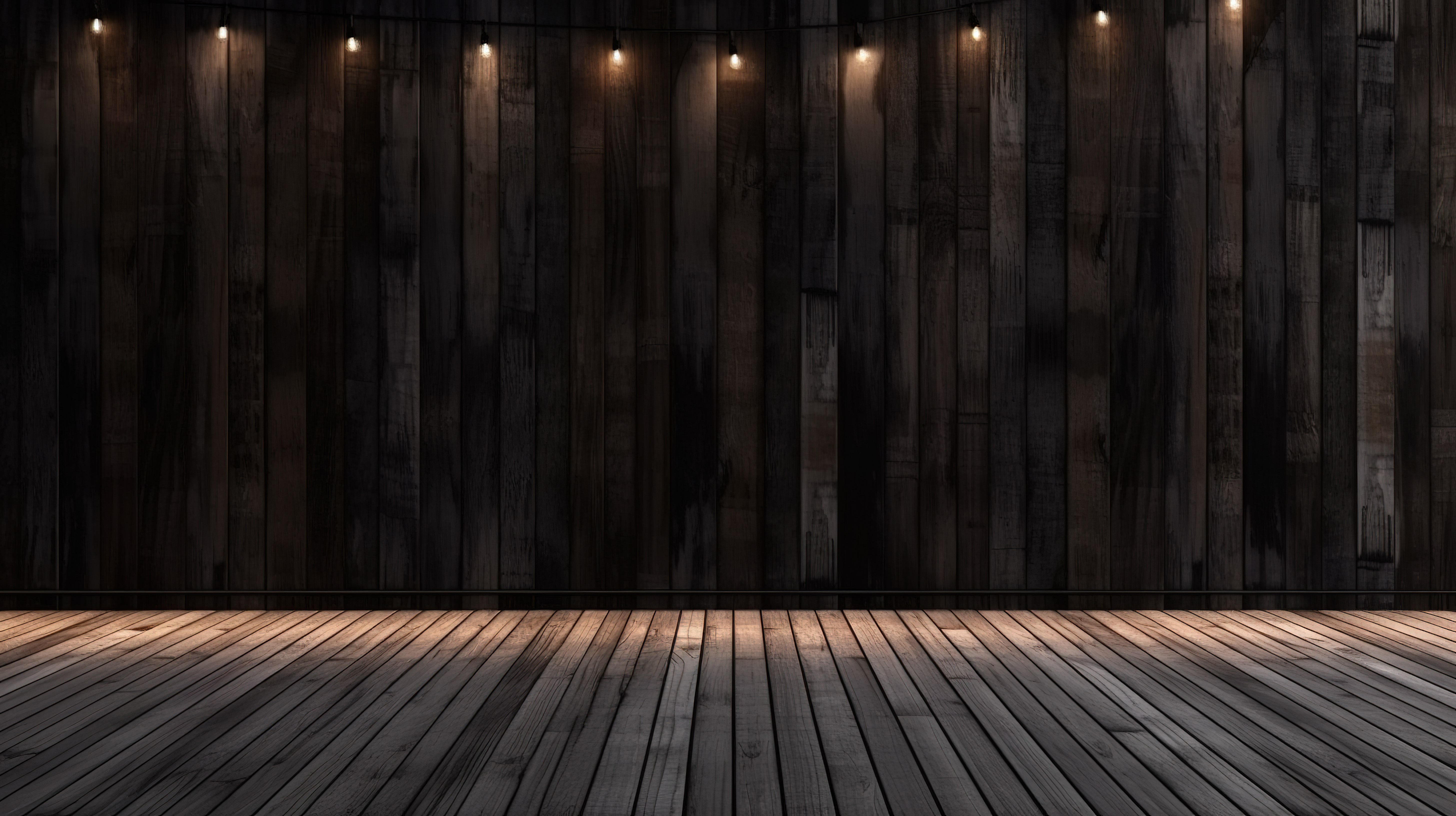裸露的 3D 黑色木板外墙装饰着时尚的灯串图片