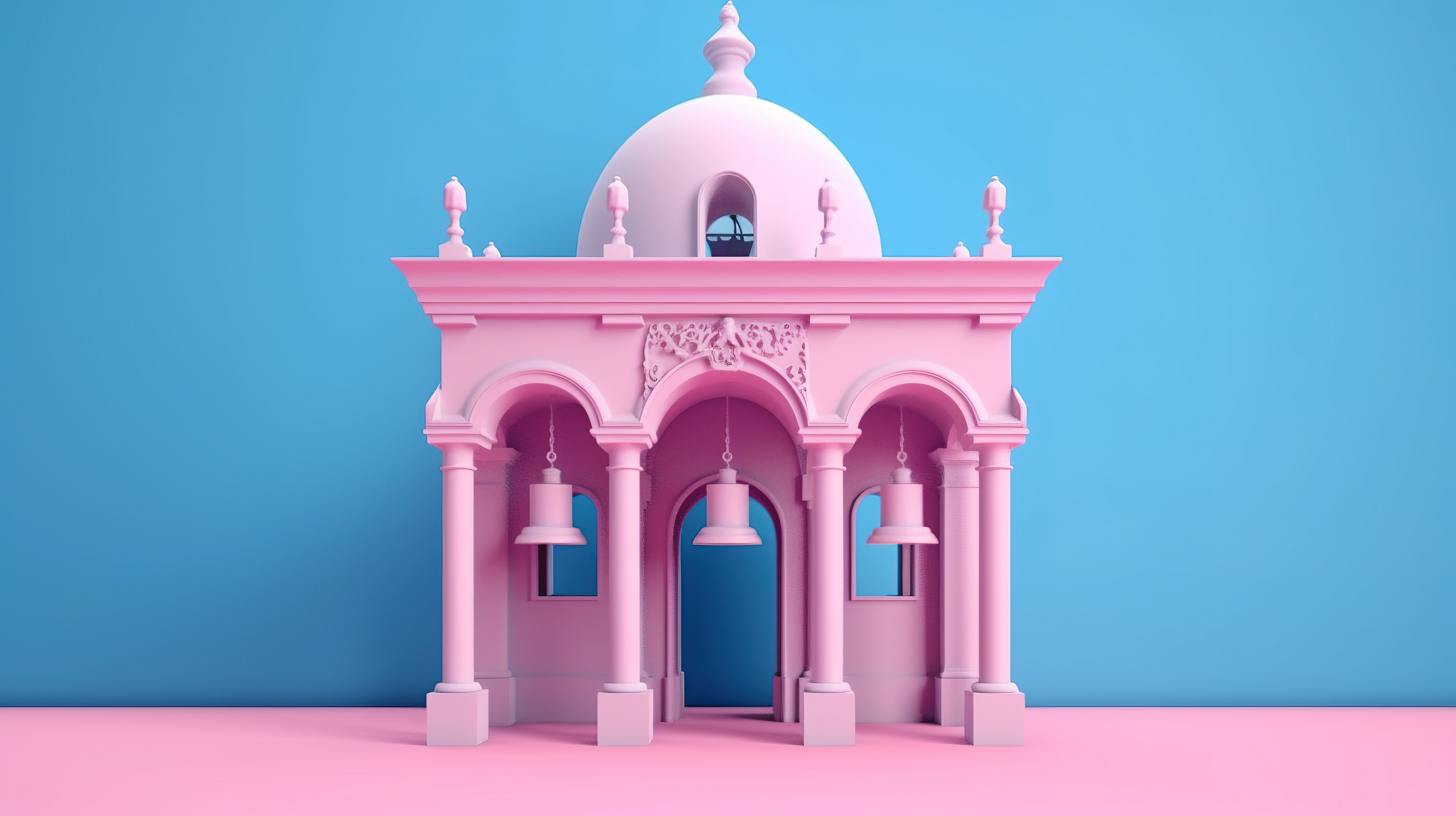 双色调风格的蓝色钟楼和拱门，带有粉红色背景的吊钟 3D 渲染图像图片