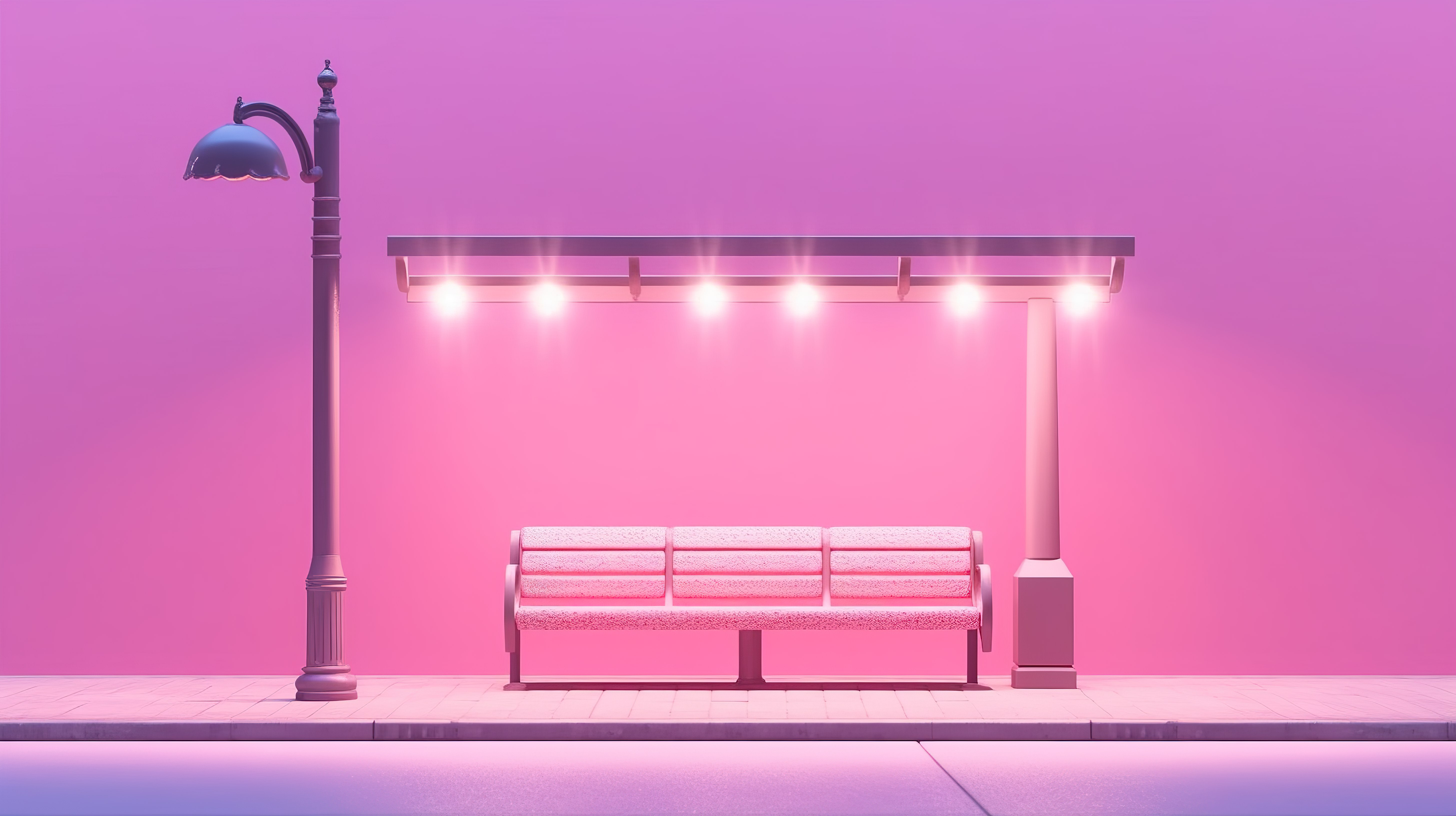 公园长椅上的路灯和城市公交车站在粉红色背景上的创意 3D 构图图片