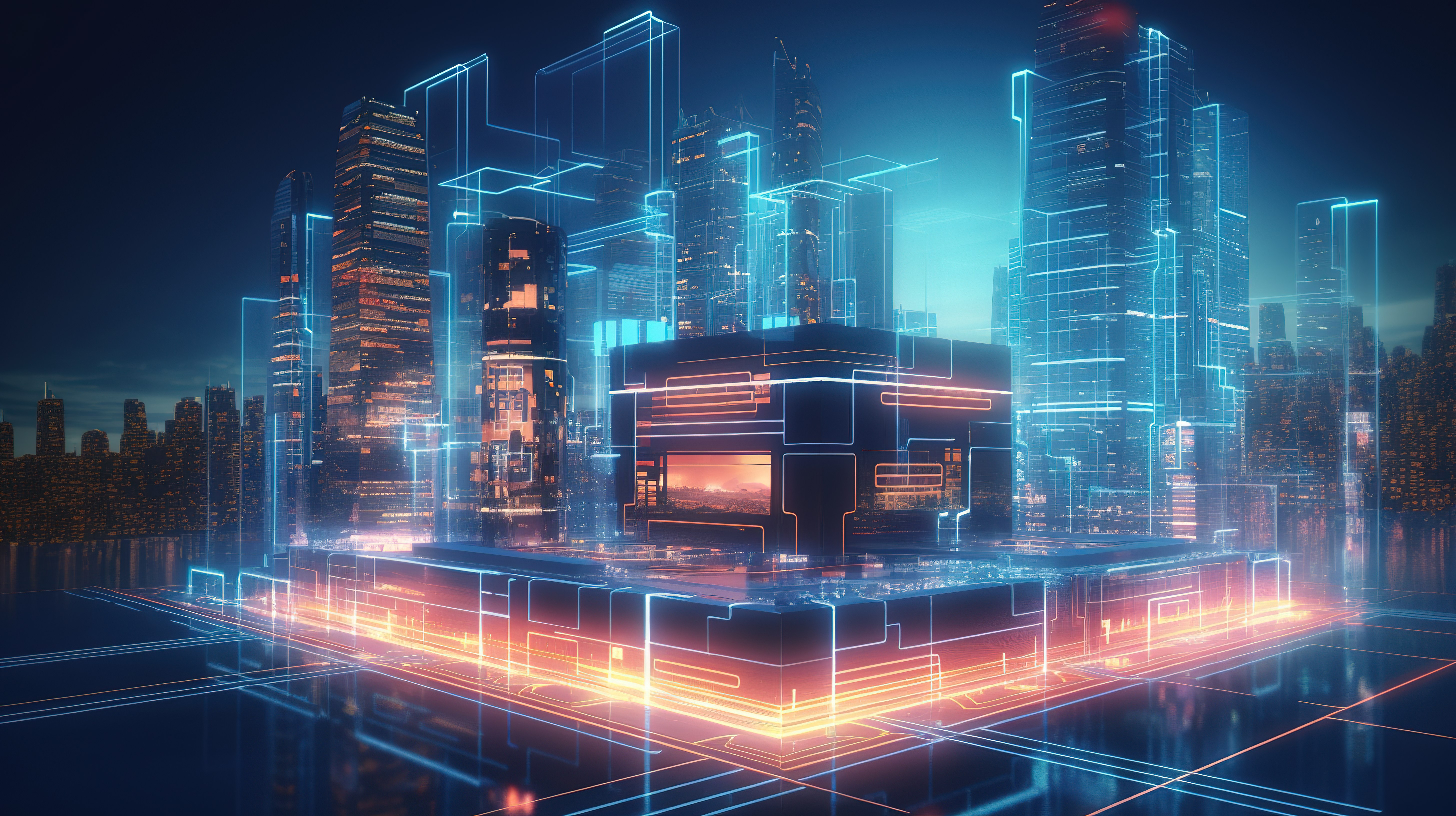 在科技大城市背景下发光的未来智能建筑的 3D 渲染图片