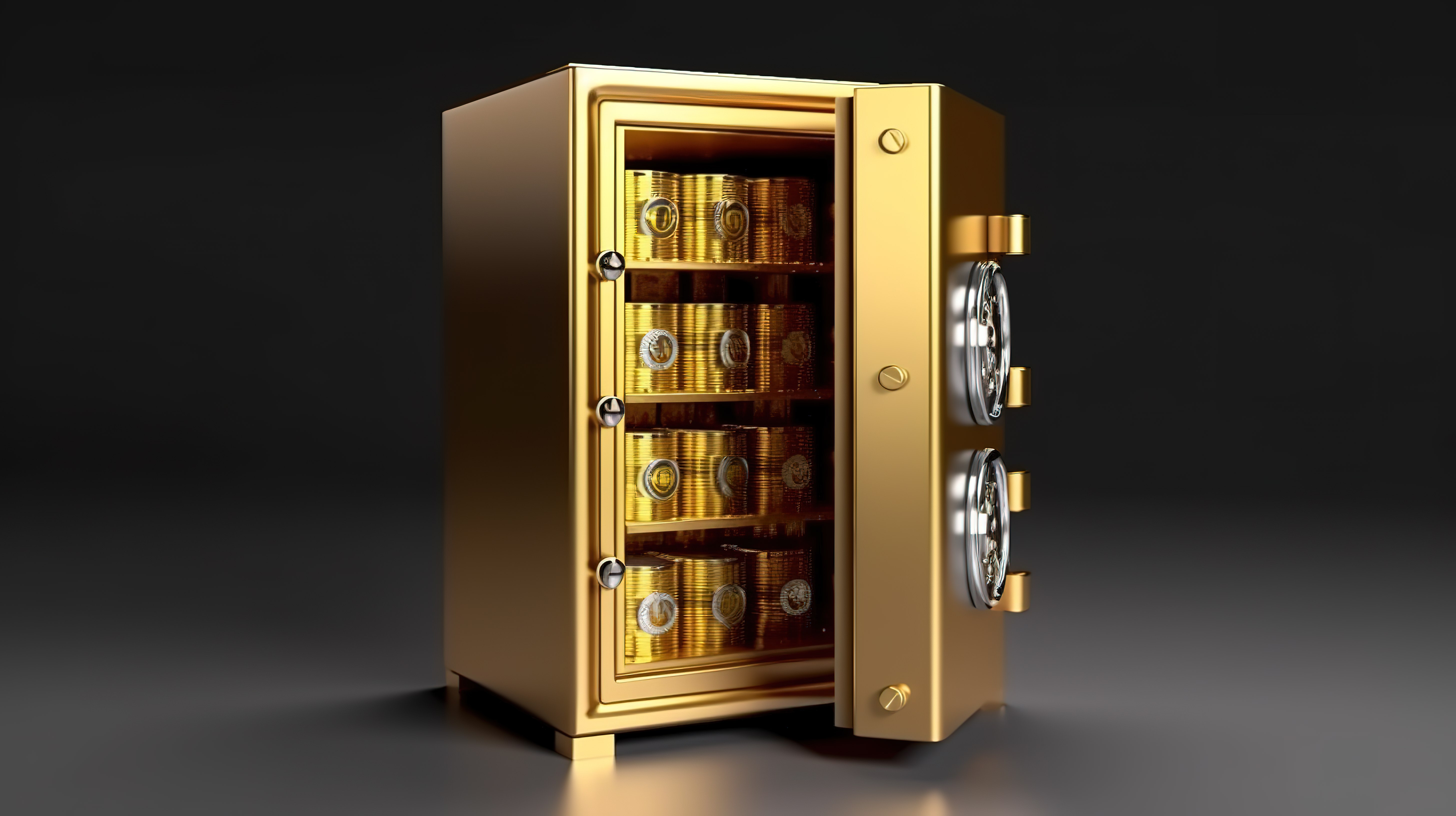 3D 渲染逼真的金色保险箱，打开的盖子上装满了金条和硬币图片
