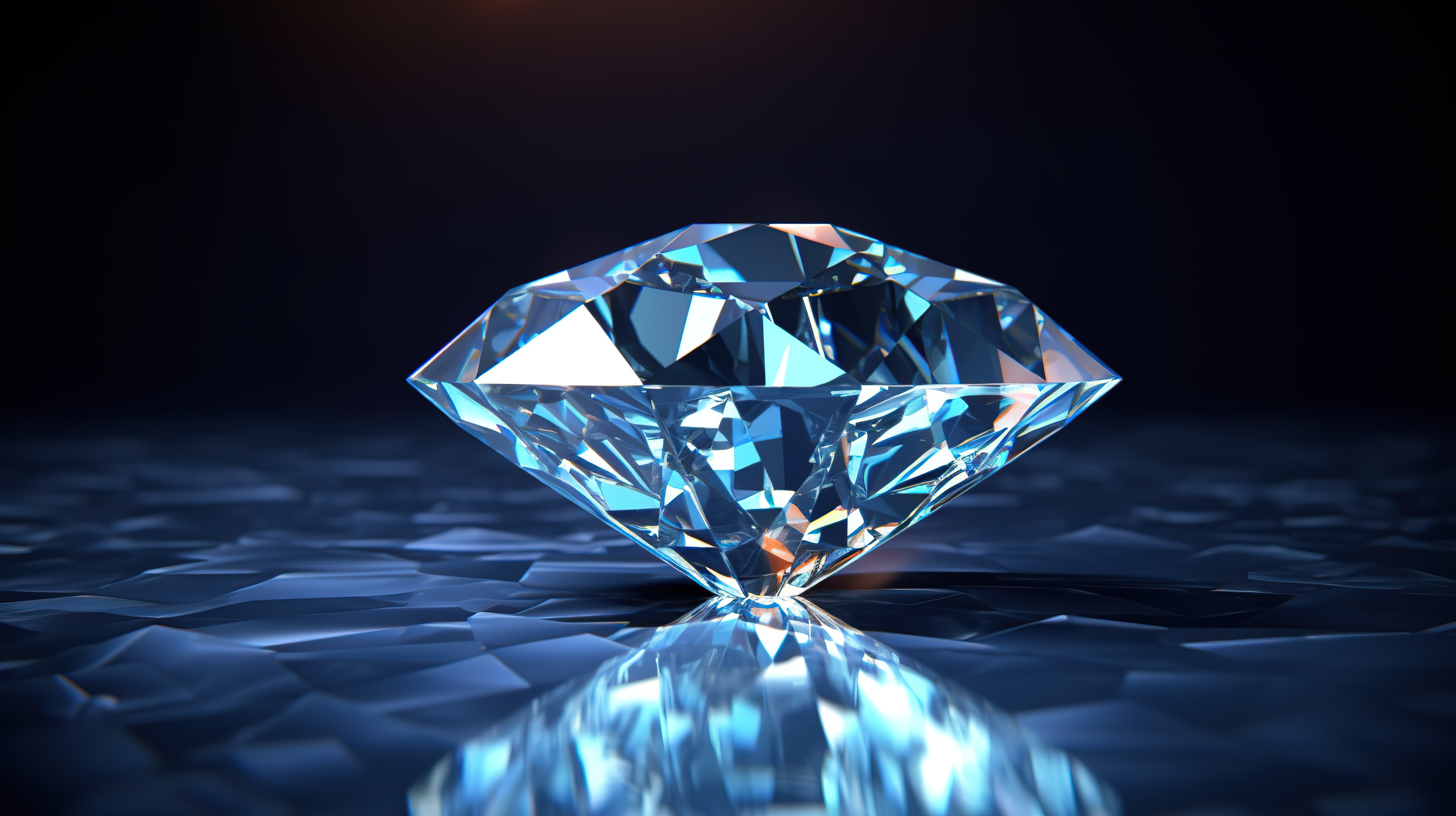 镜面背景上闪闪发光的钻石，具有额外的空间 3D 渲染图片