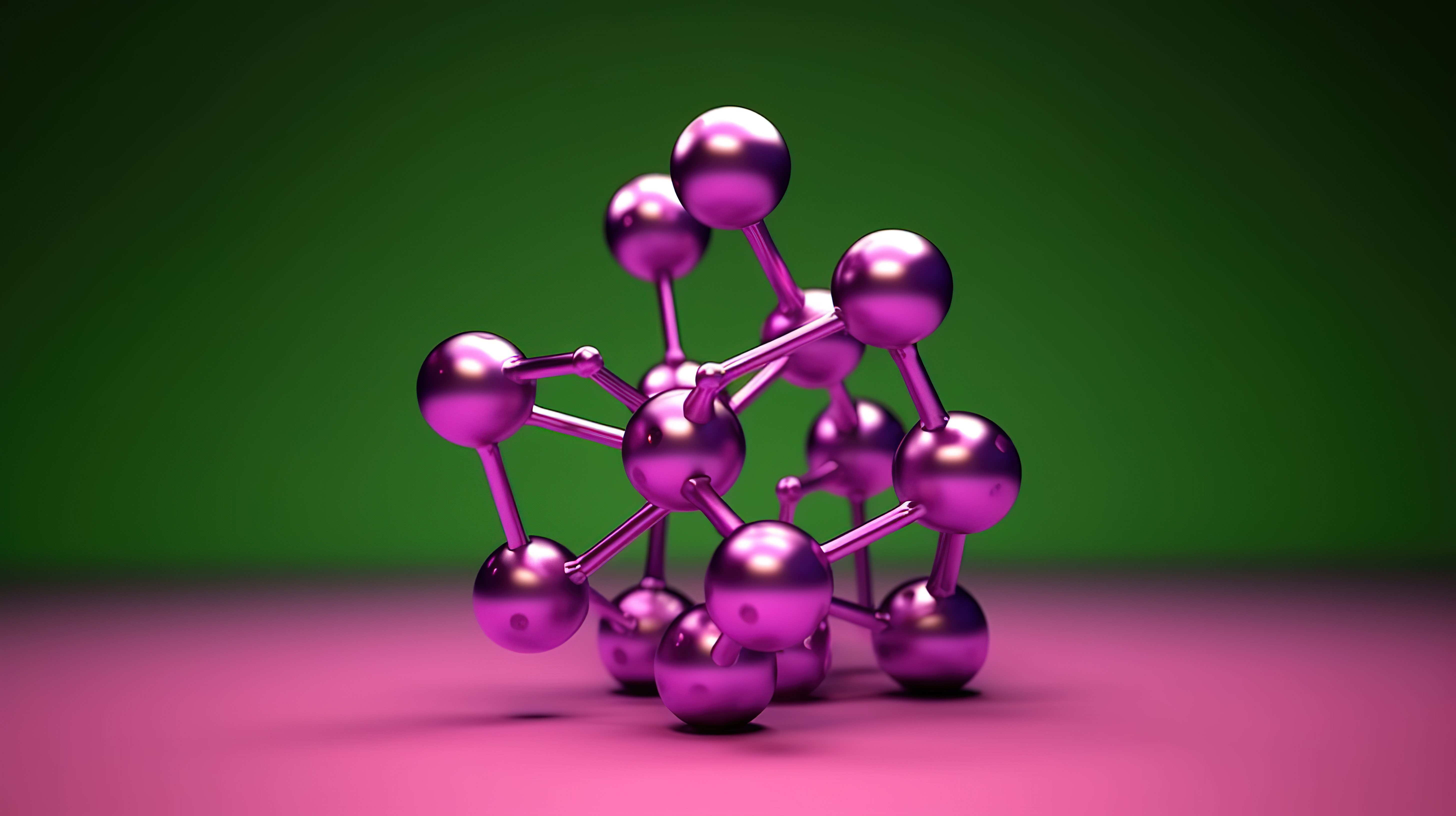 带有绿色和粉色分子模型的紫色背景的 3D 渲染图片