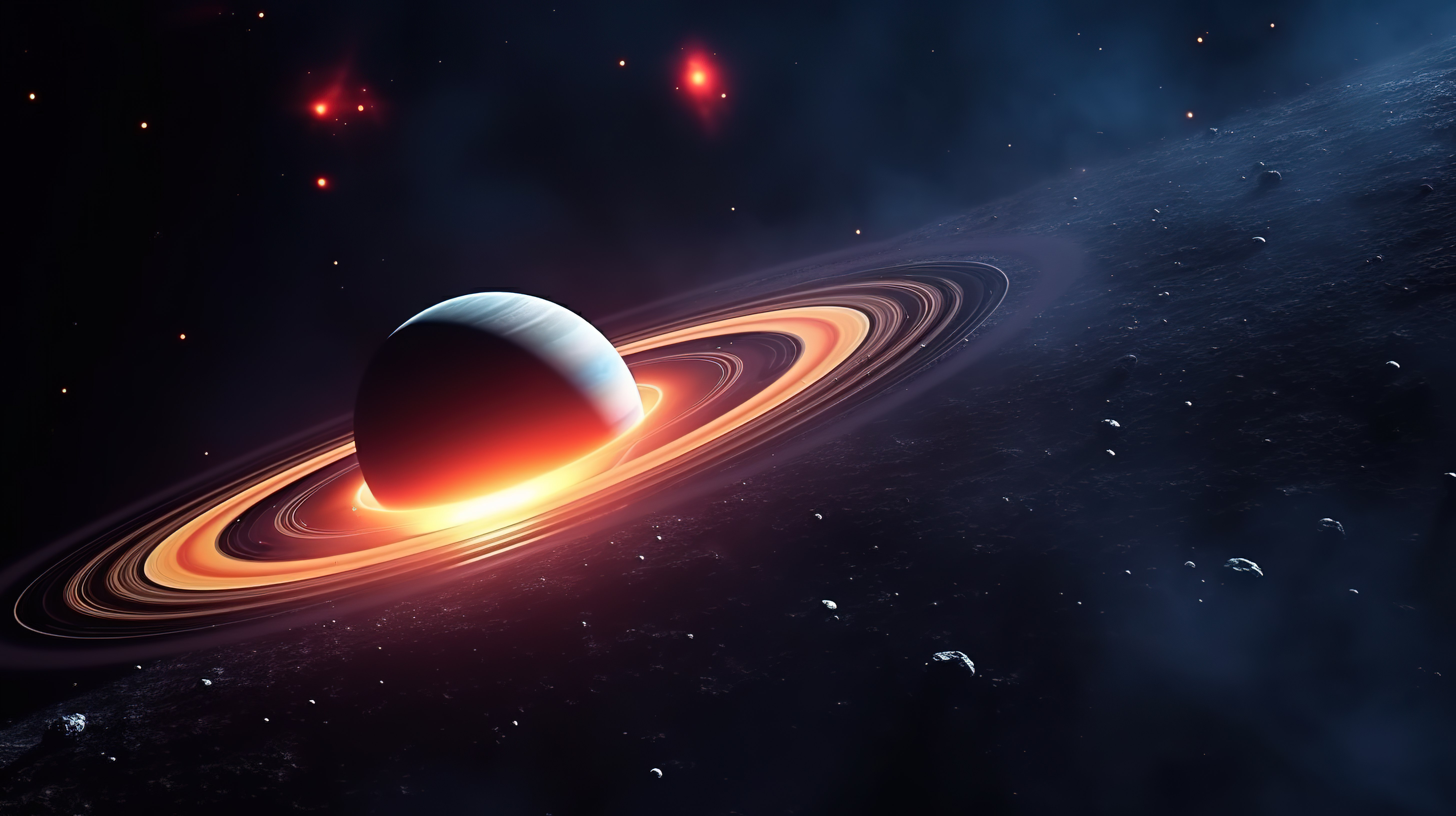 令人震惊的土星是一个雄伟的气态巨行星，其小行星环在太空科幻 3D 渲染中运行图片