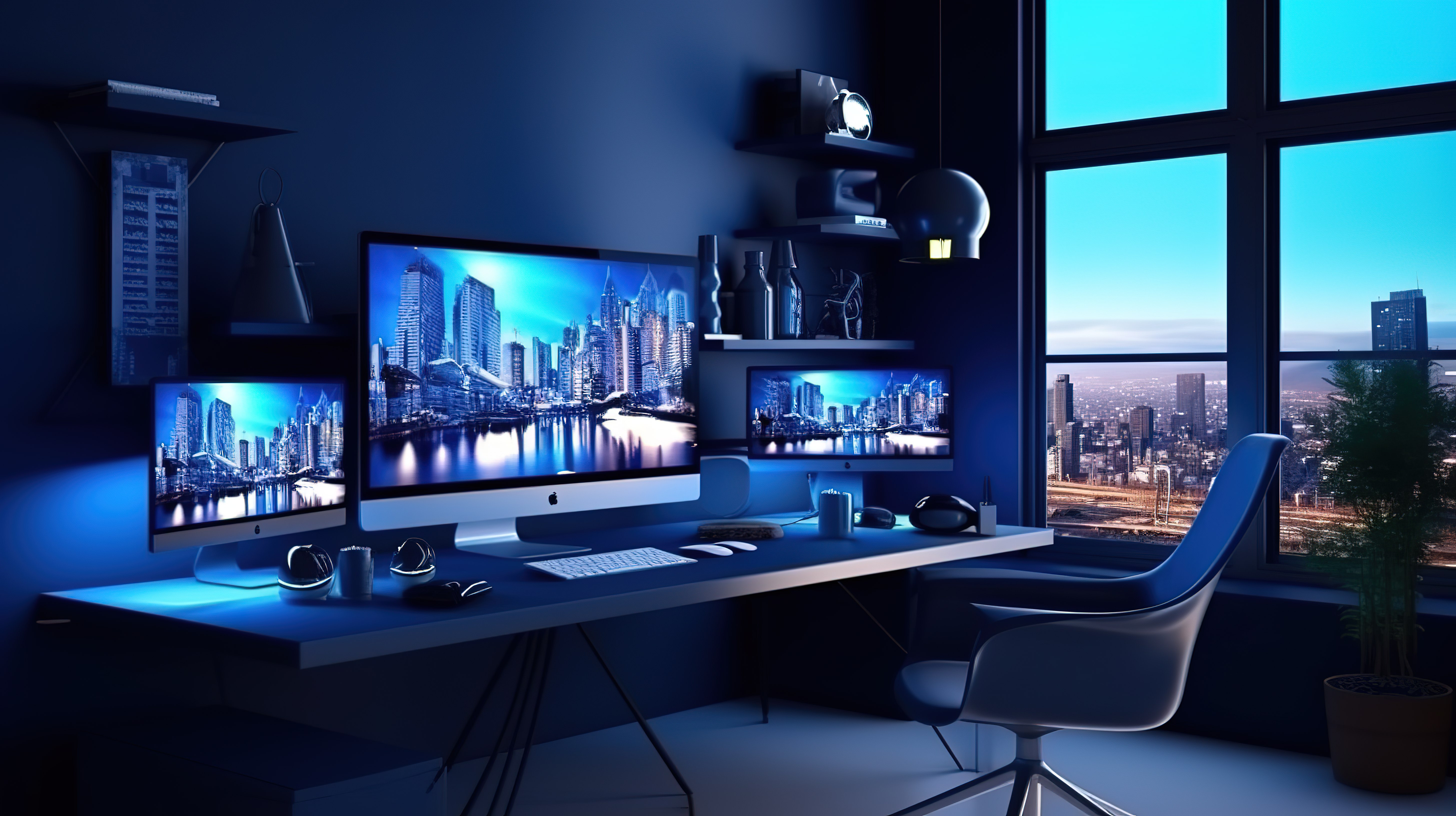 时尚的海军蓝色办公空间，配备 3D 渲染响应设备和出色的网站设计图片