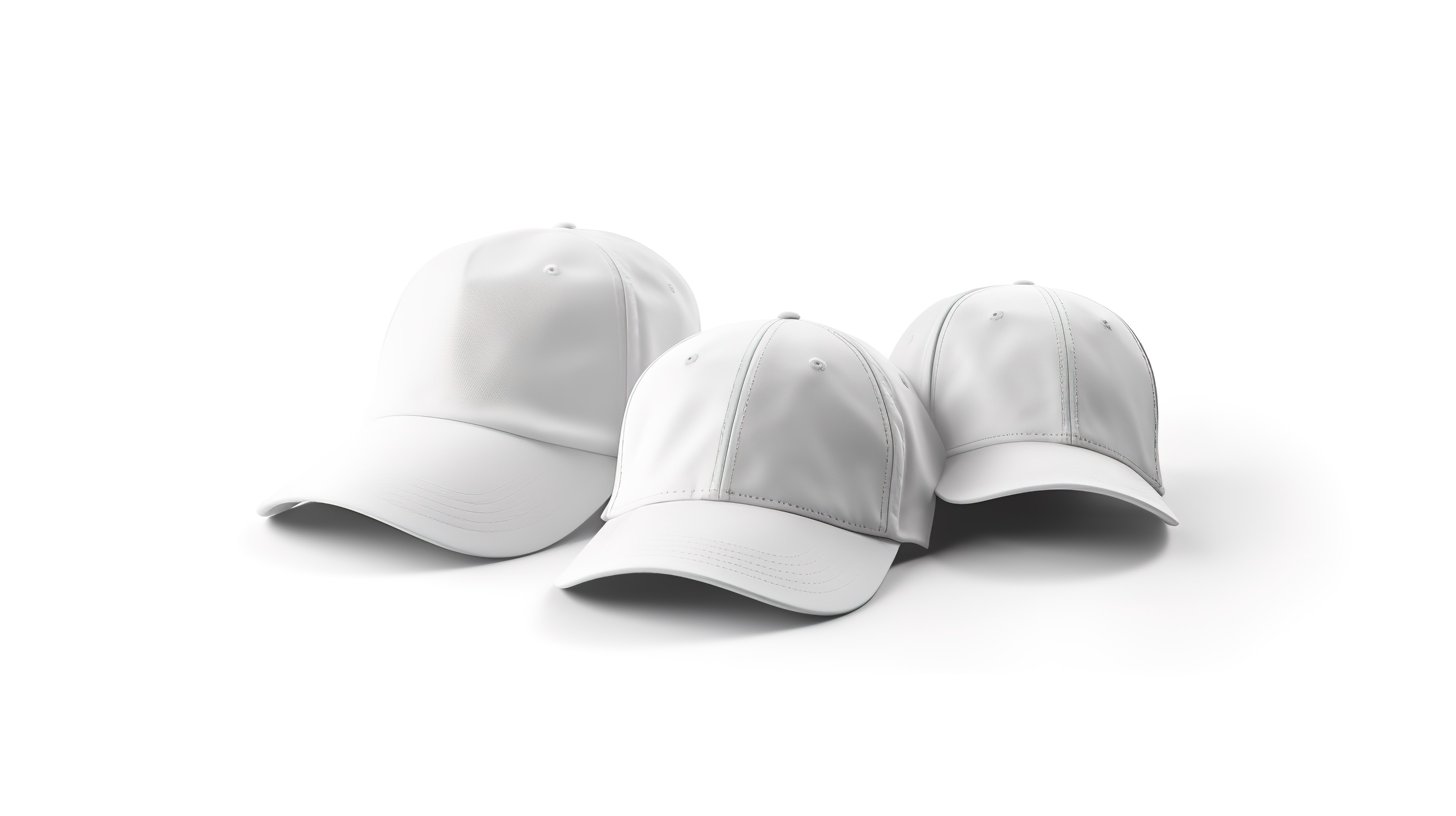 多功能白色制服帽子或帽子模型在 3D 渲染的空白白色背景上展示不同角度图片