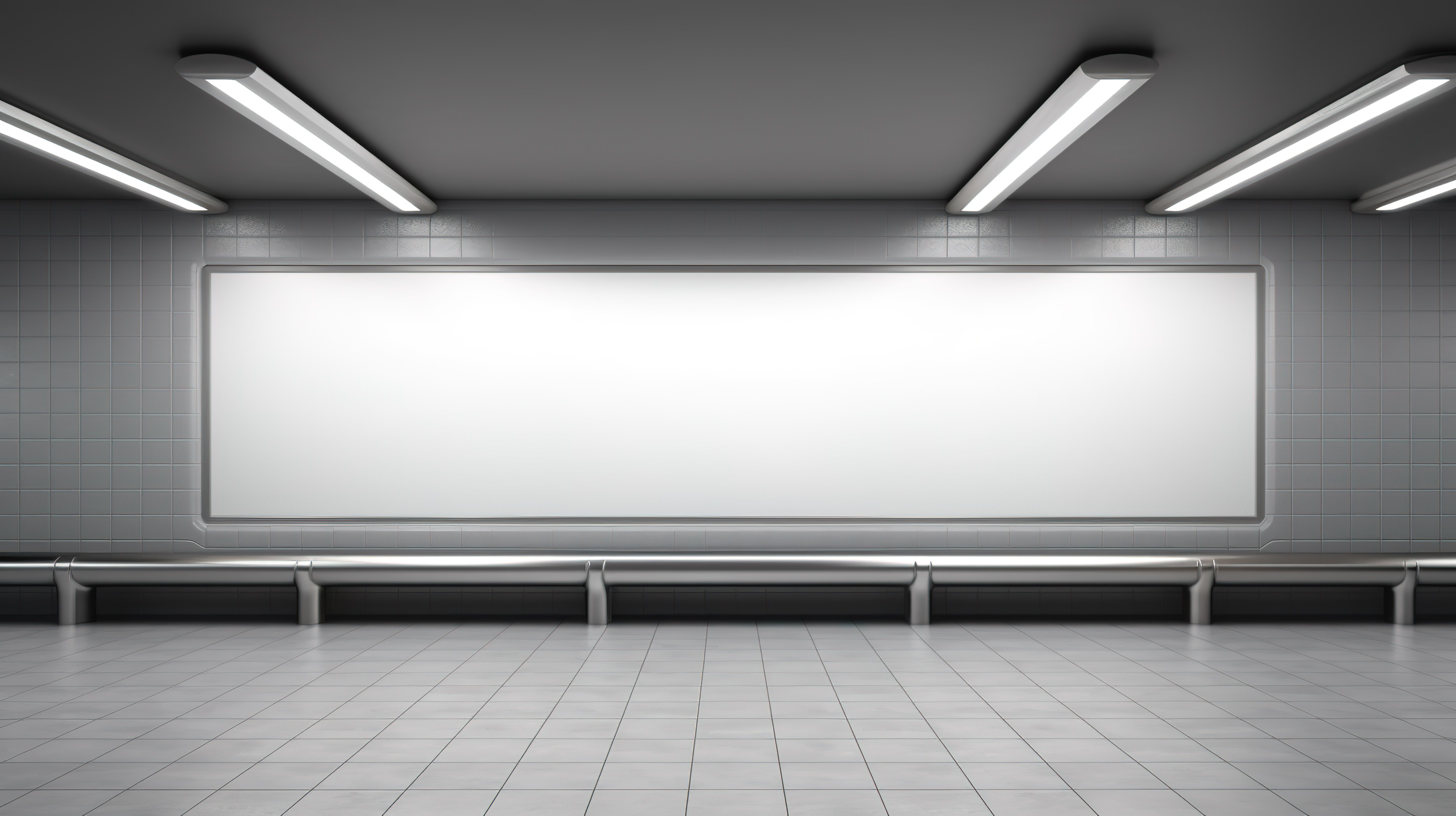 3D 渲染模型在空地铁站上展示您的广告，浅灰色空白墙上有导轨和深色地板前视图图片