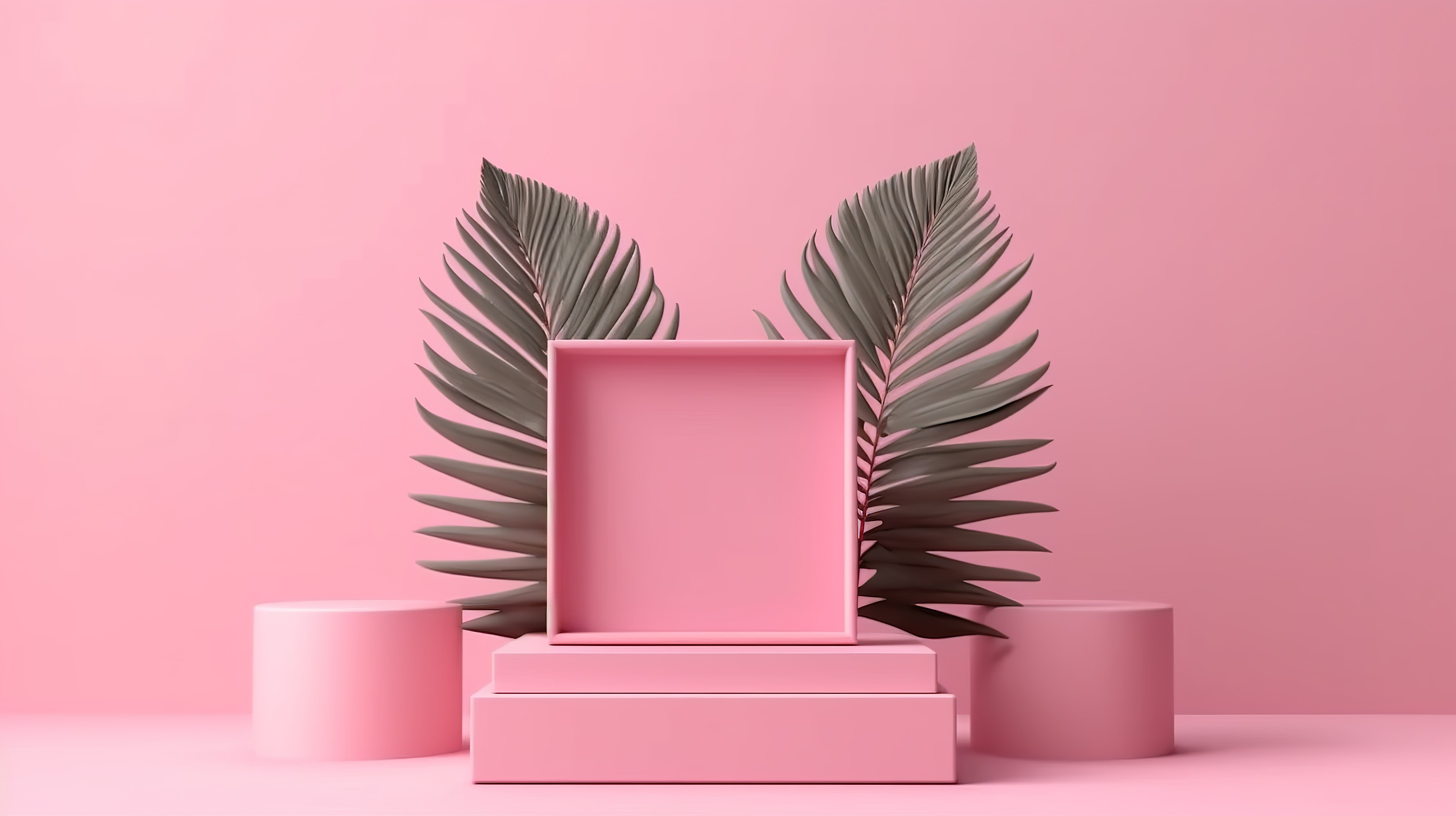 时尚的讲台和未包装的粉色礼盒，带有简约风格的动画棕榈叶图片