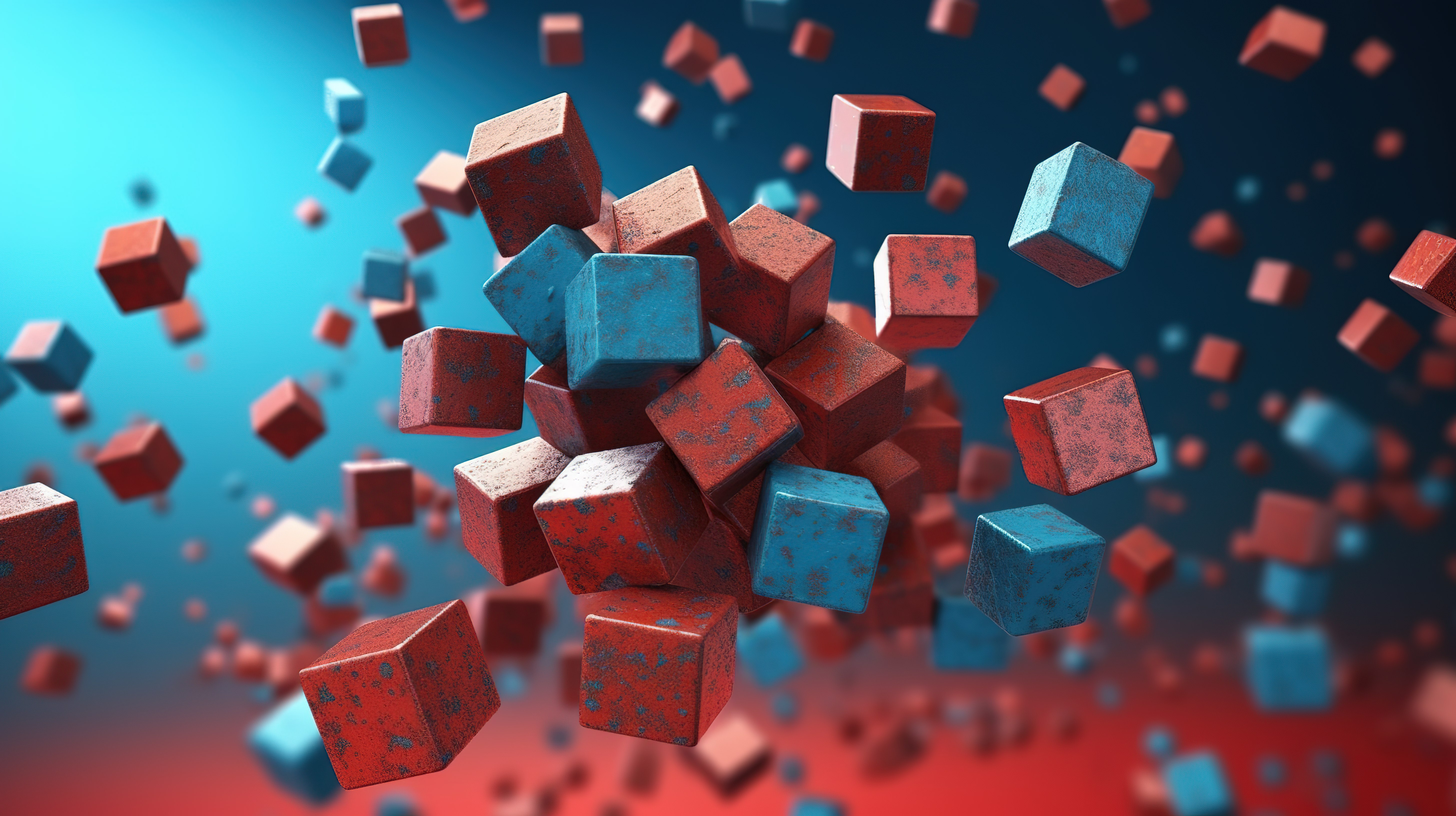 空中金属立方体在生动的蓝色和火红色背景下呈现 3D 视觉享受图片