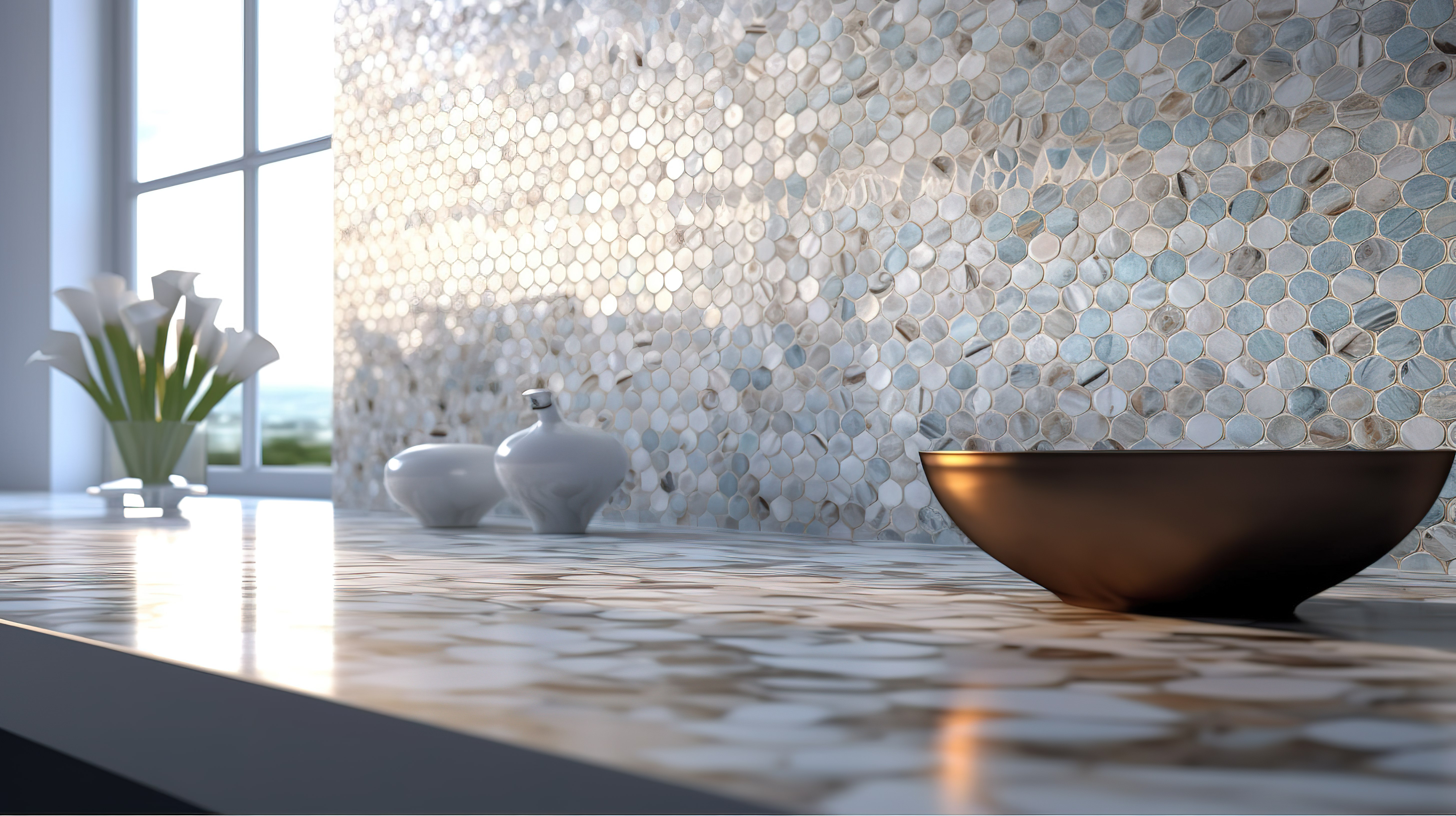 无人居住的厨房柜台上的马赛克瓷砖墙和原始大理石台面 3D 渲染图片