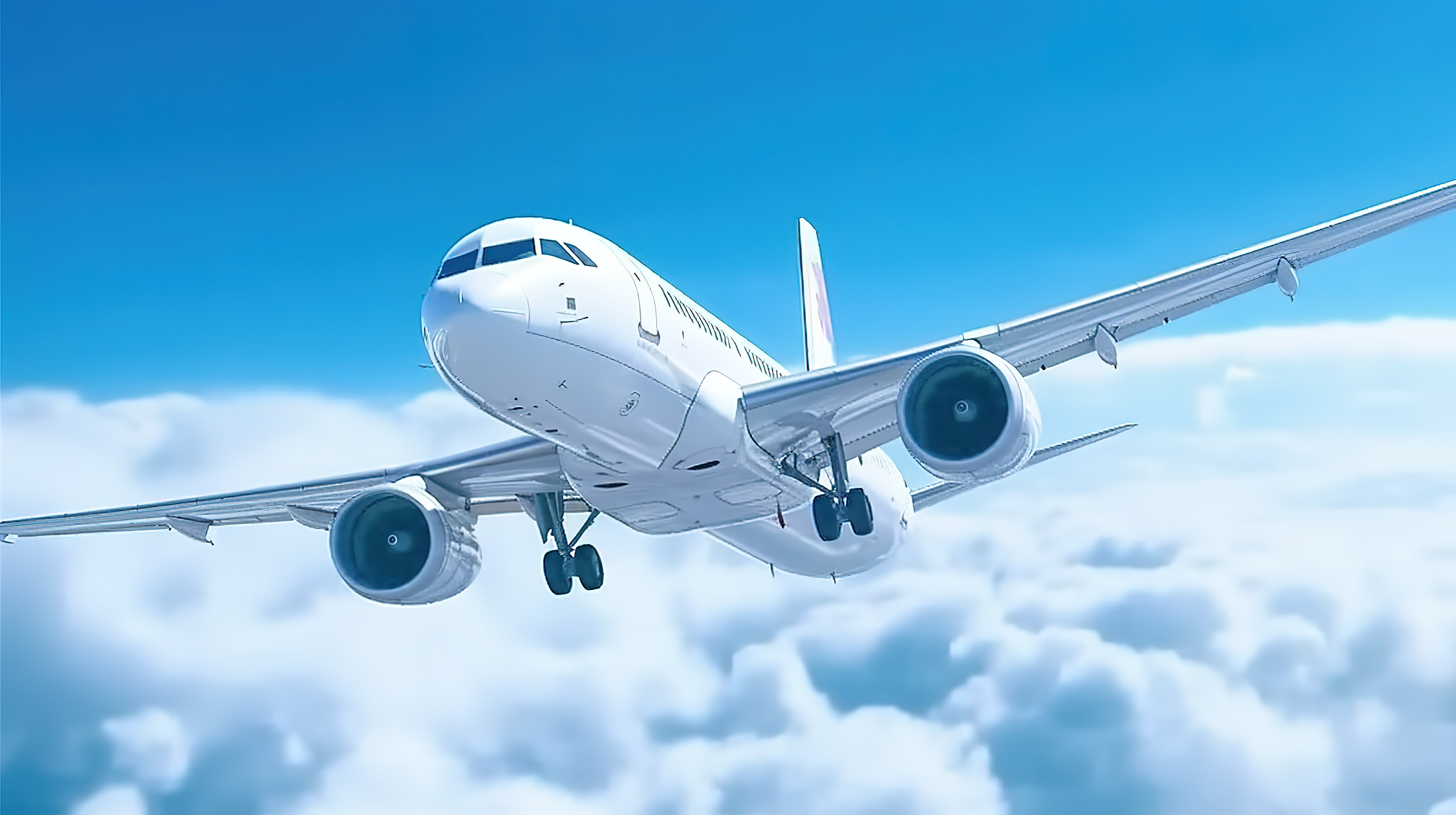一架商用飞机在清澈的蓝天中翱翔的 3D 插图图片