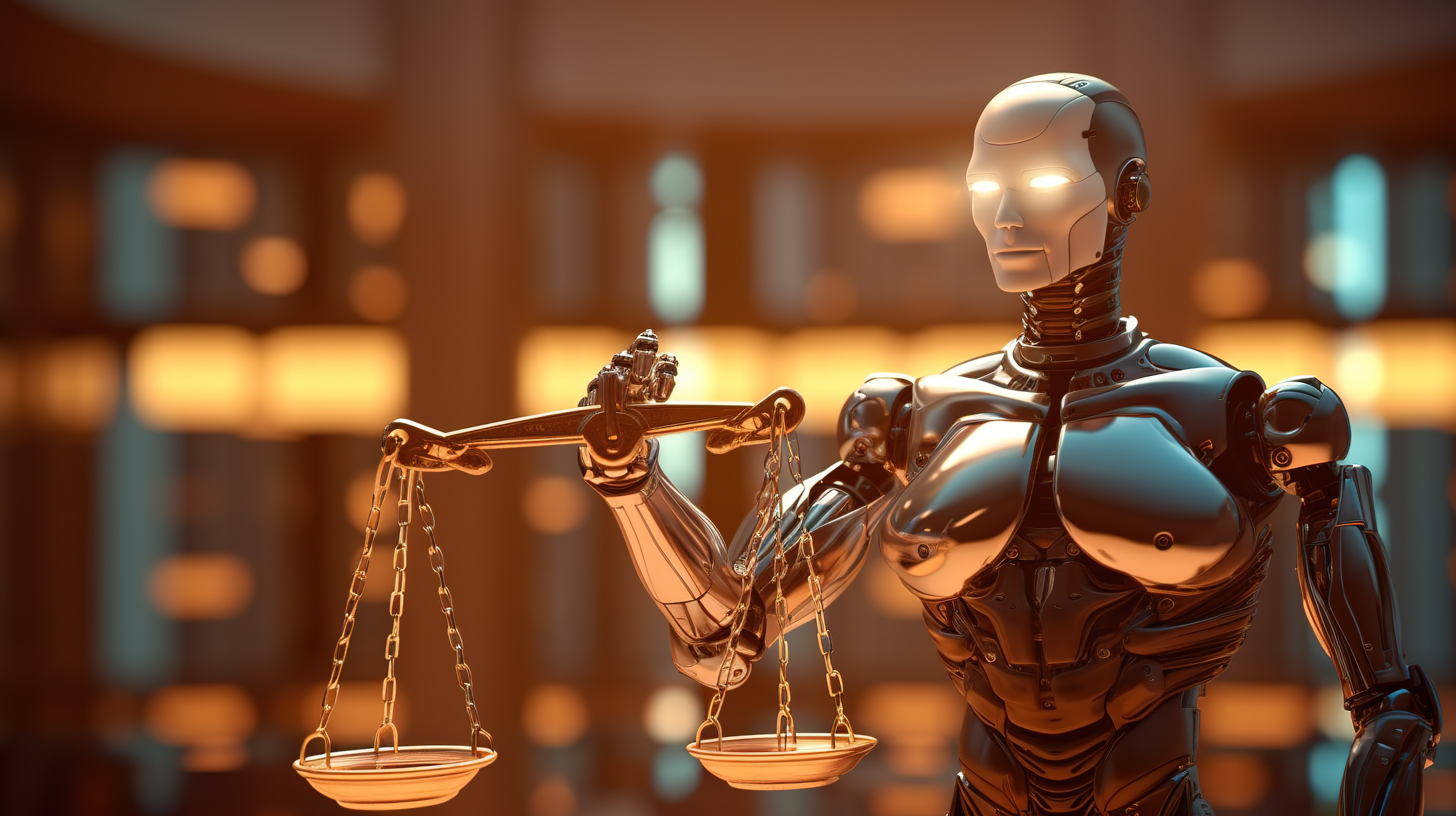 具有正义尺度的人工智能机器人的 3D 渲染象征着网络法和互联网监管图片