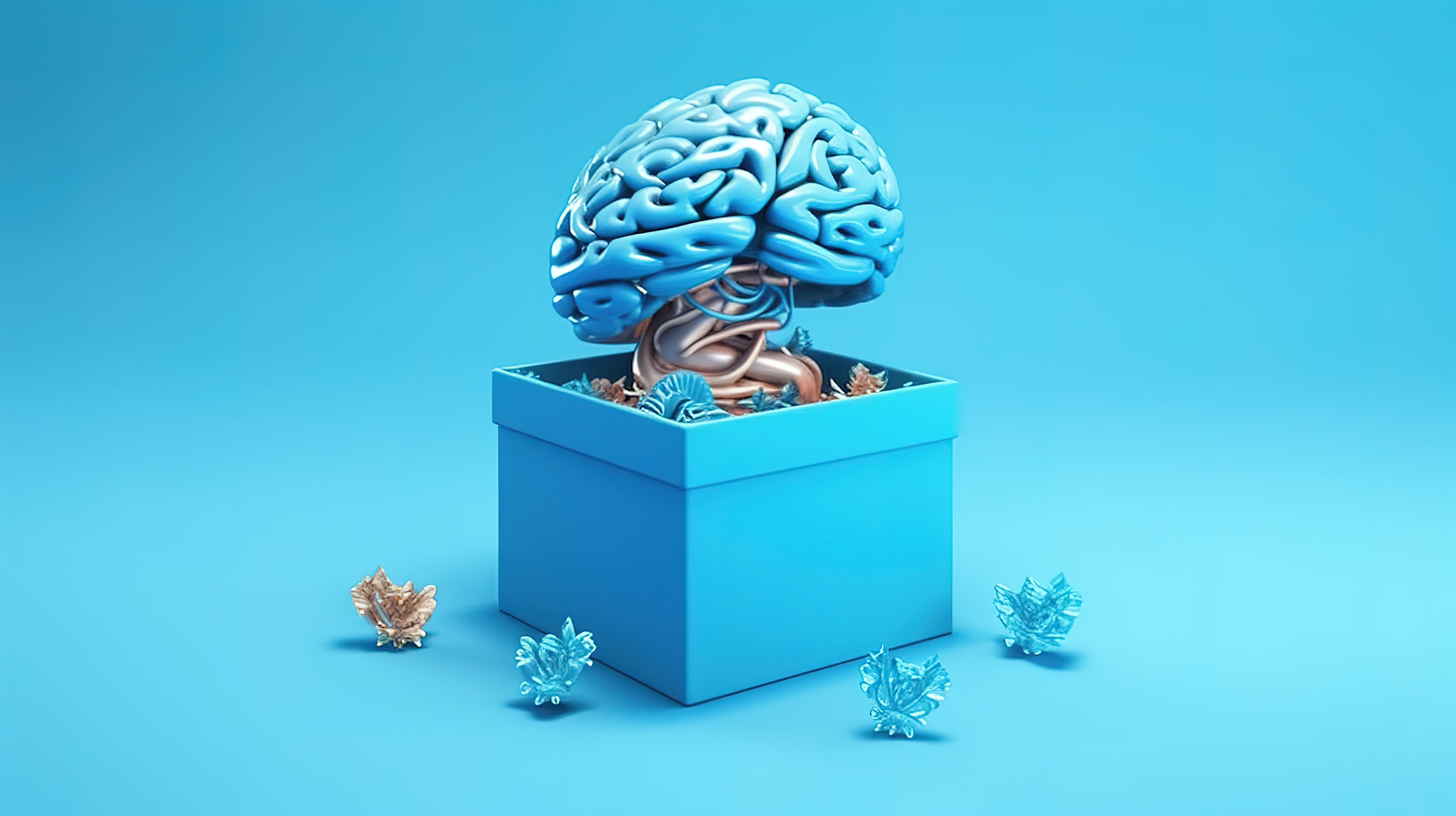 聪明的惊喜富有想象力的礼品盒，3D 渲染中蓝色背景上有大脑图片