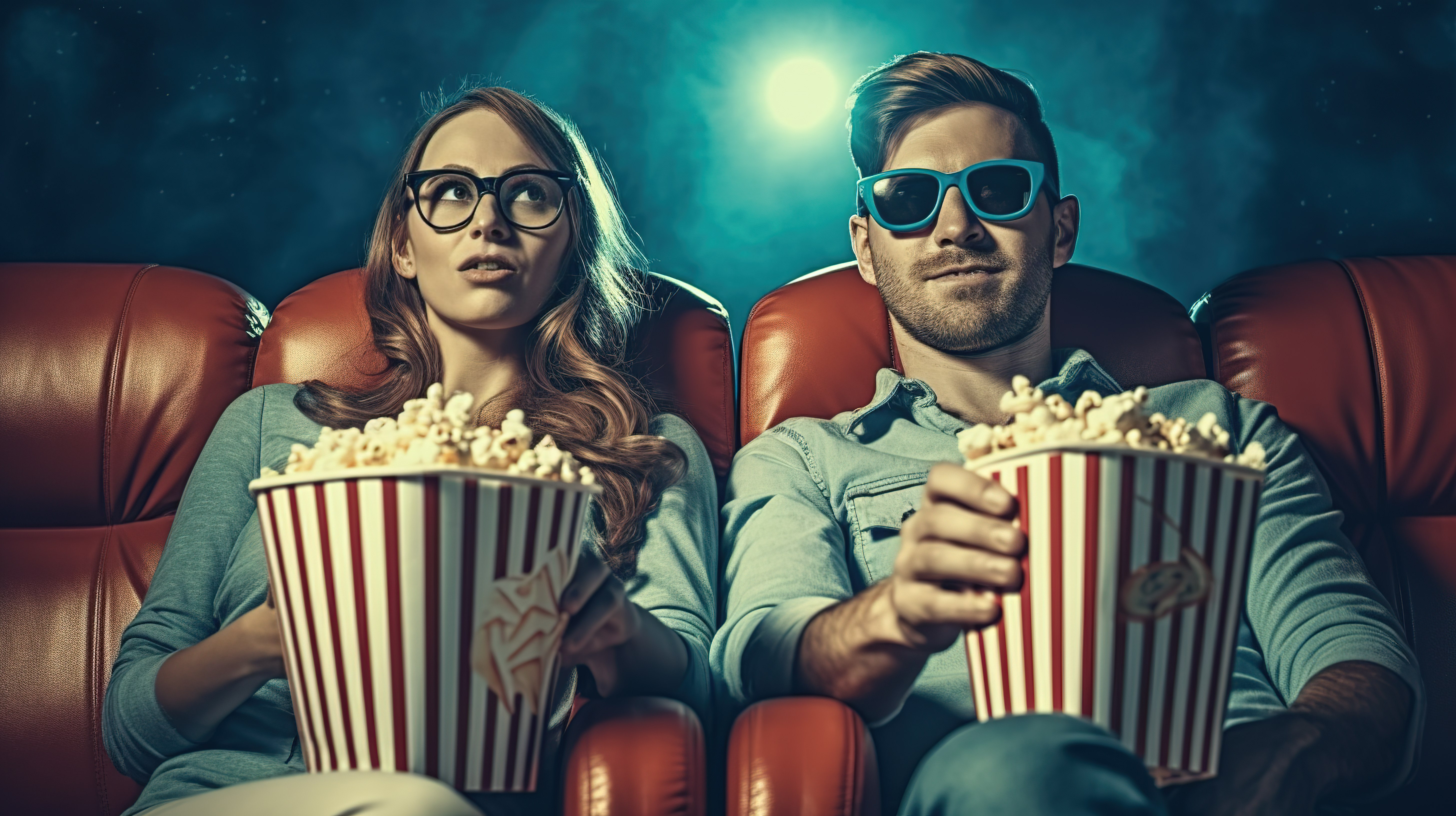 一对兴奋的情侣戴着 3D 眼镜，拿着爆米花桶，坐在沙发上看电影图片