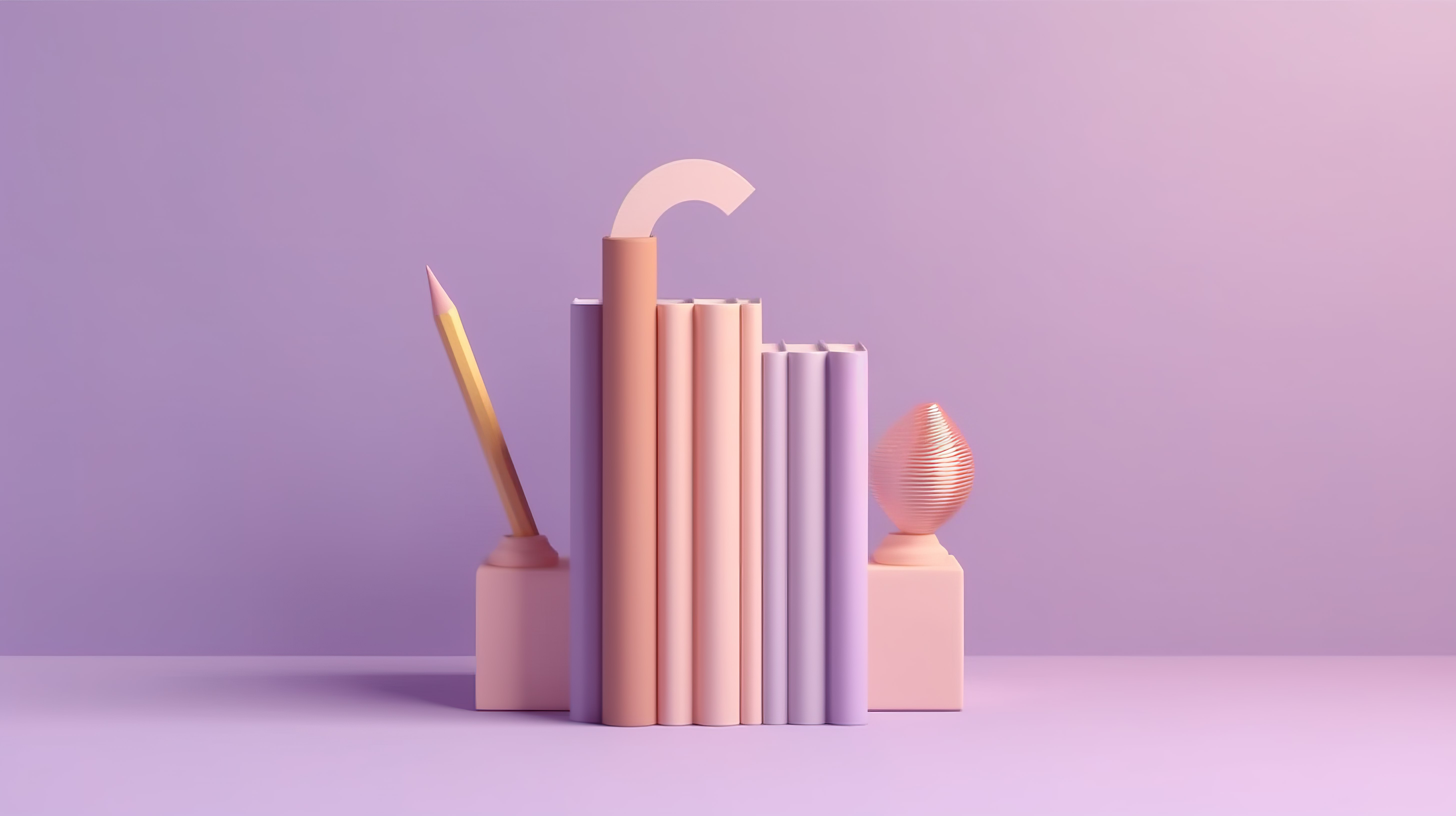 探索想法 3D 渲染铅笔和问号在柔和的紫色墙上与打开的书简约场景象征着教育好奇心和创造力图片