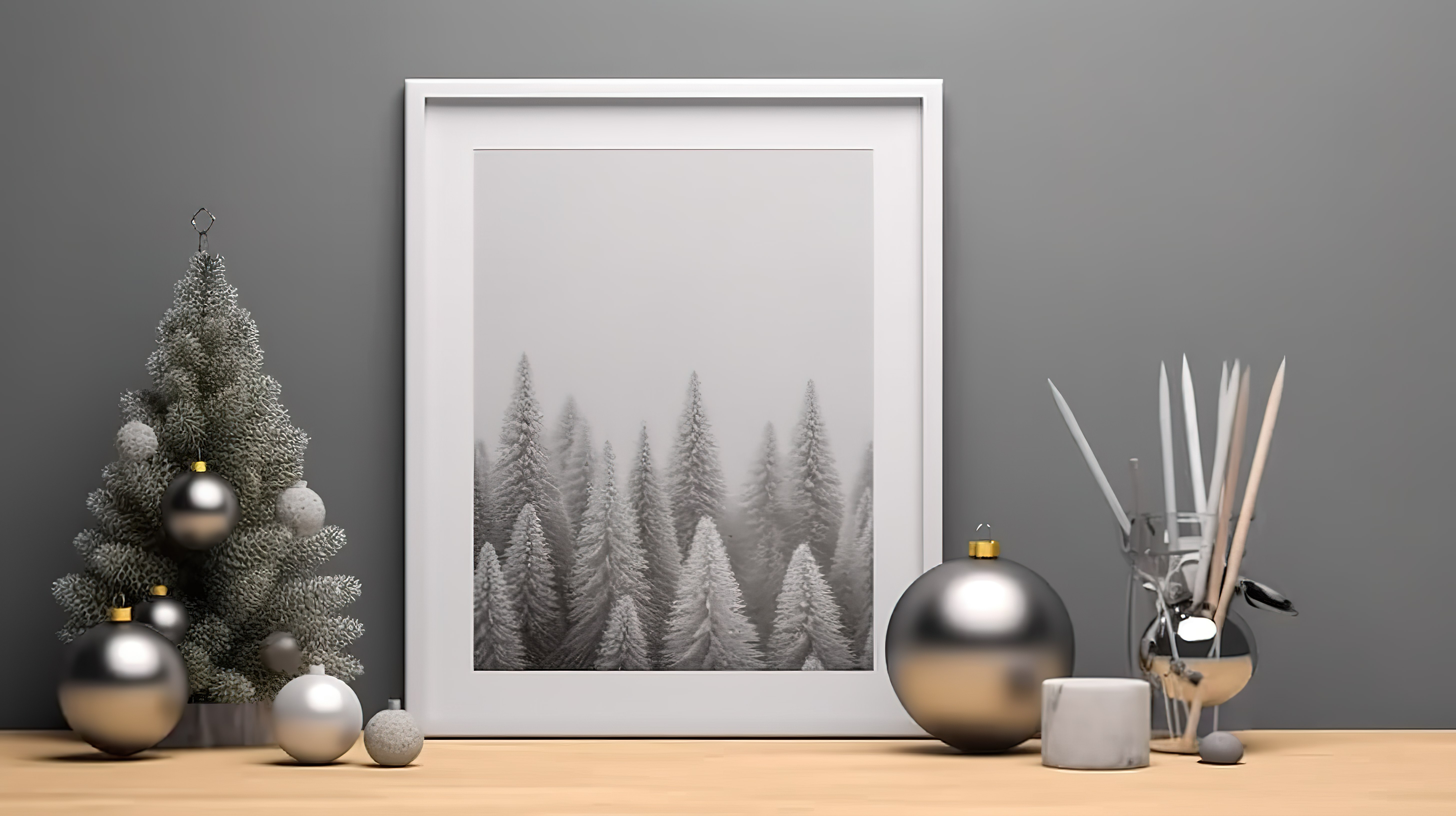 3D 渲染的圣诞节海报框架与节日装饰样机图片