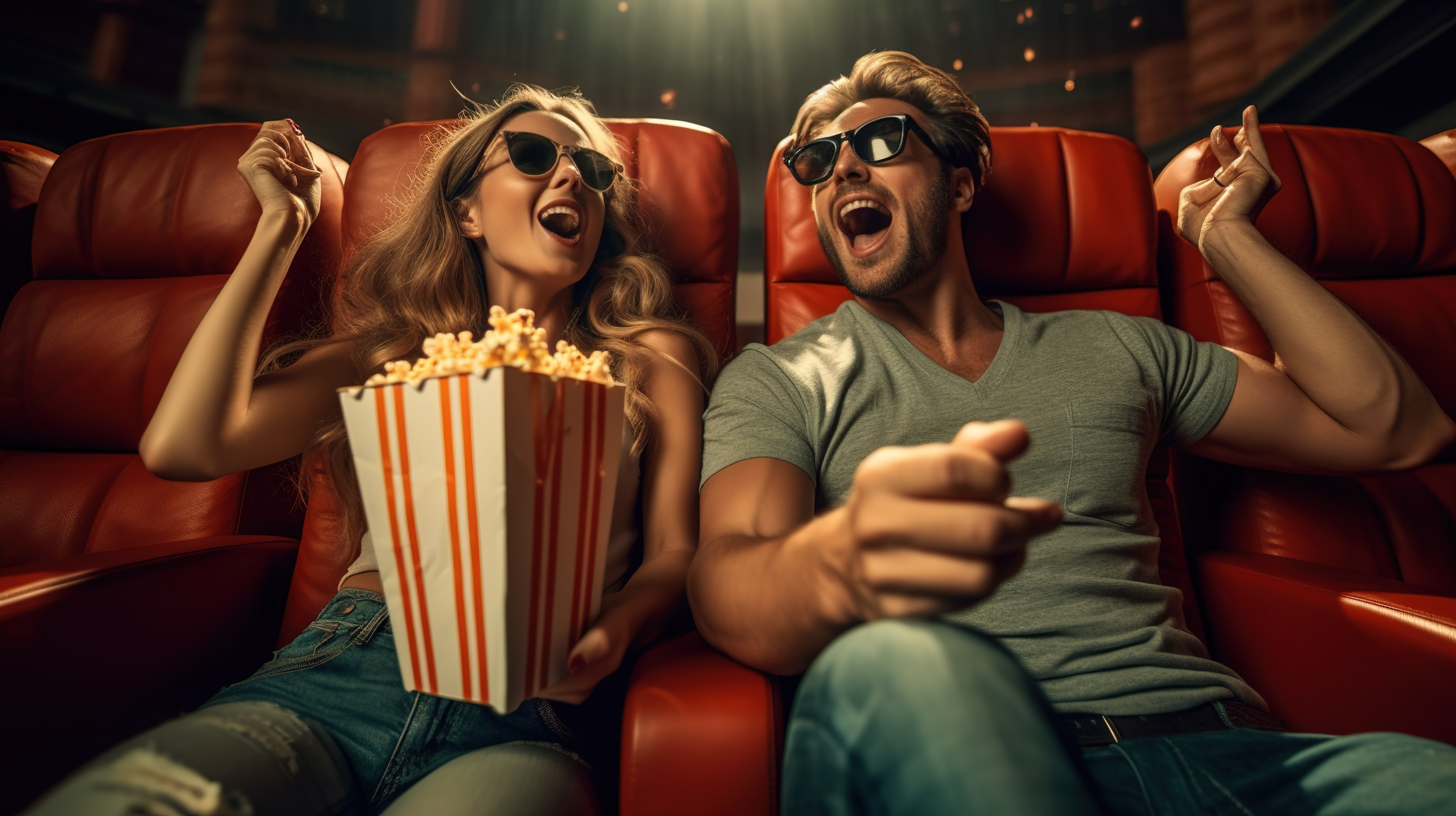 一对夫妇戴着 3D 眼镜，拿着爆米花桶，坐在沙发上看电影，兴奋不已图片