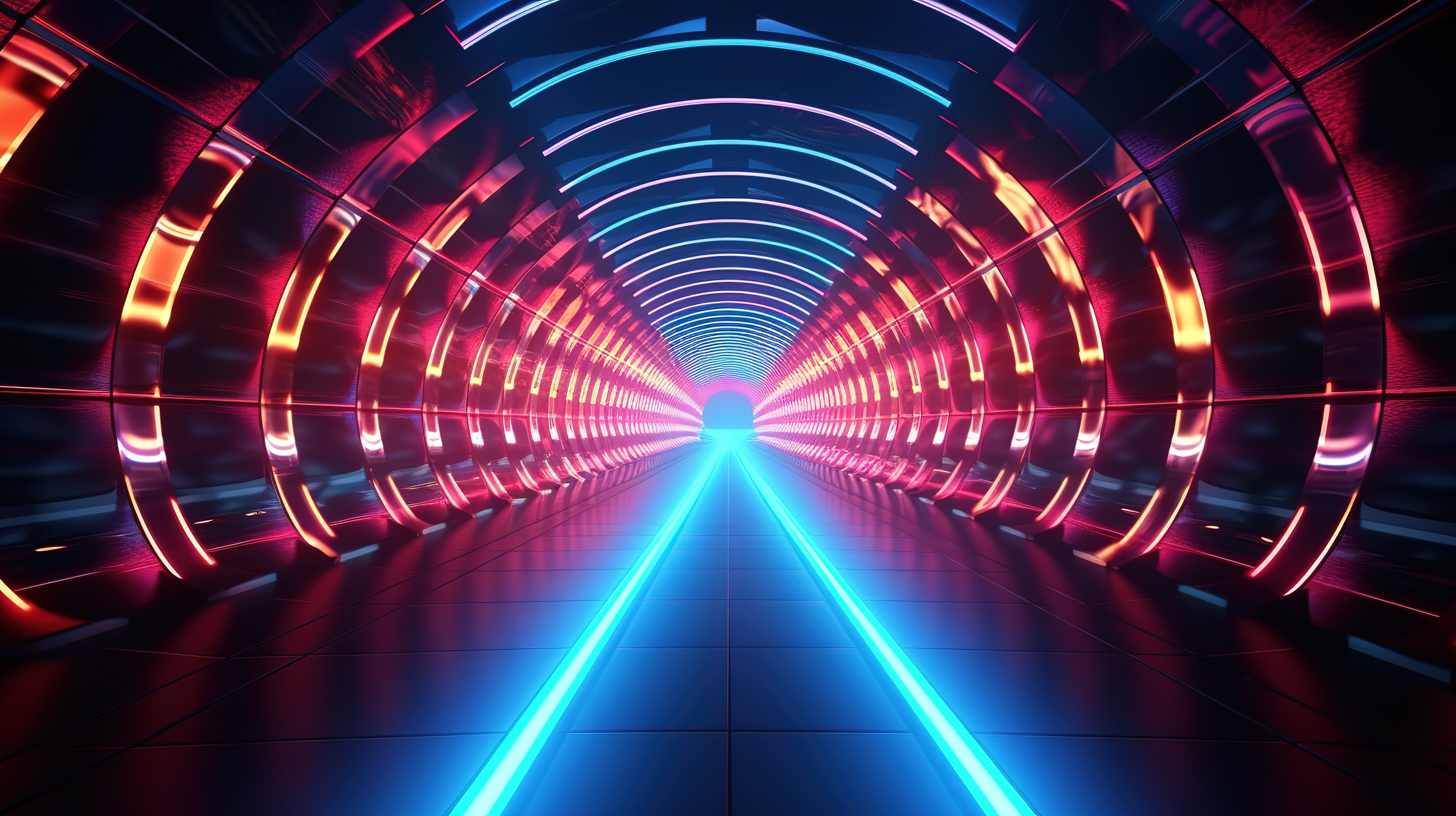 在令人惊叹的 3D 渲染中穿越未来霓虹灯隧道图片
