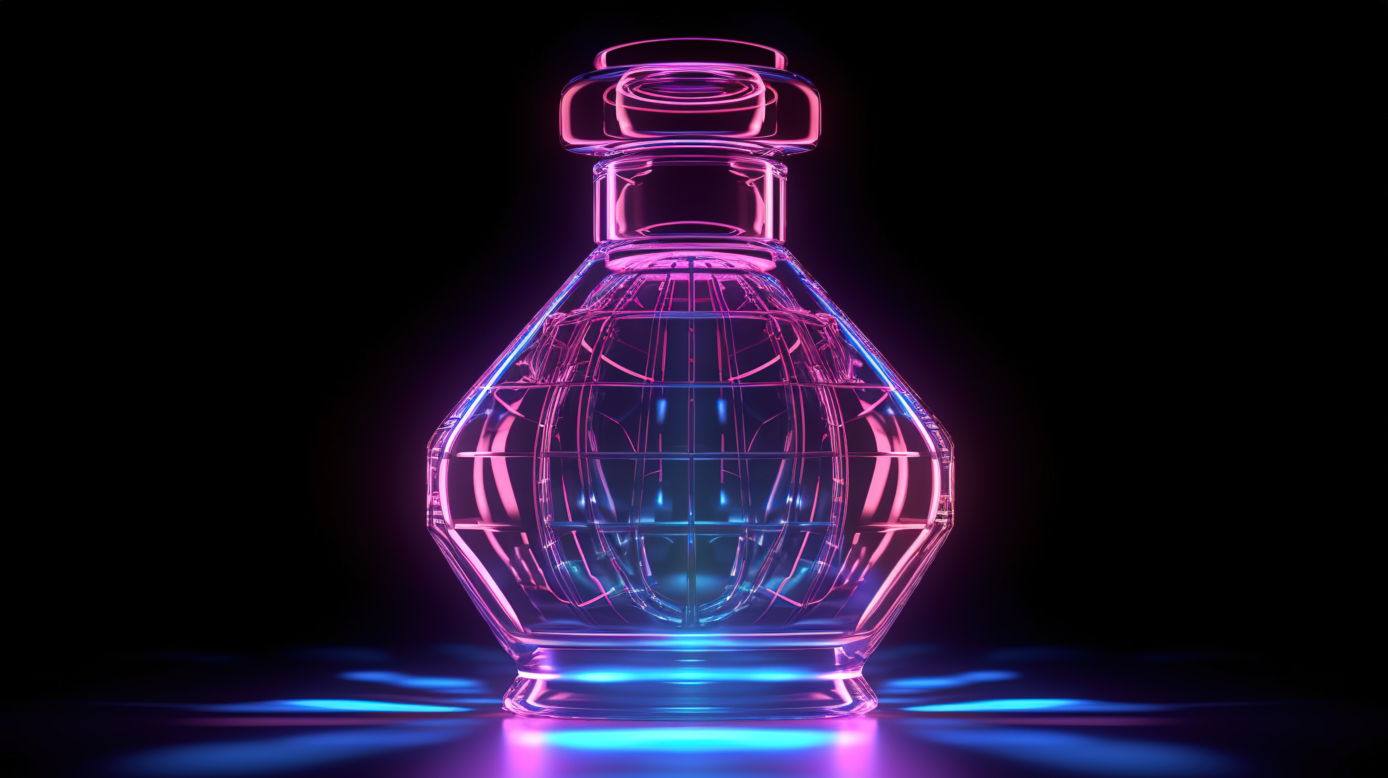 香水瓶在发光霓虹灯隧道中的 3D 渲染，带有发光线图片
