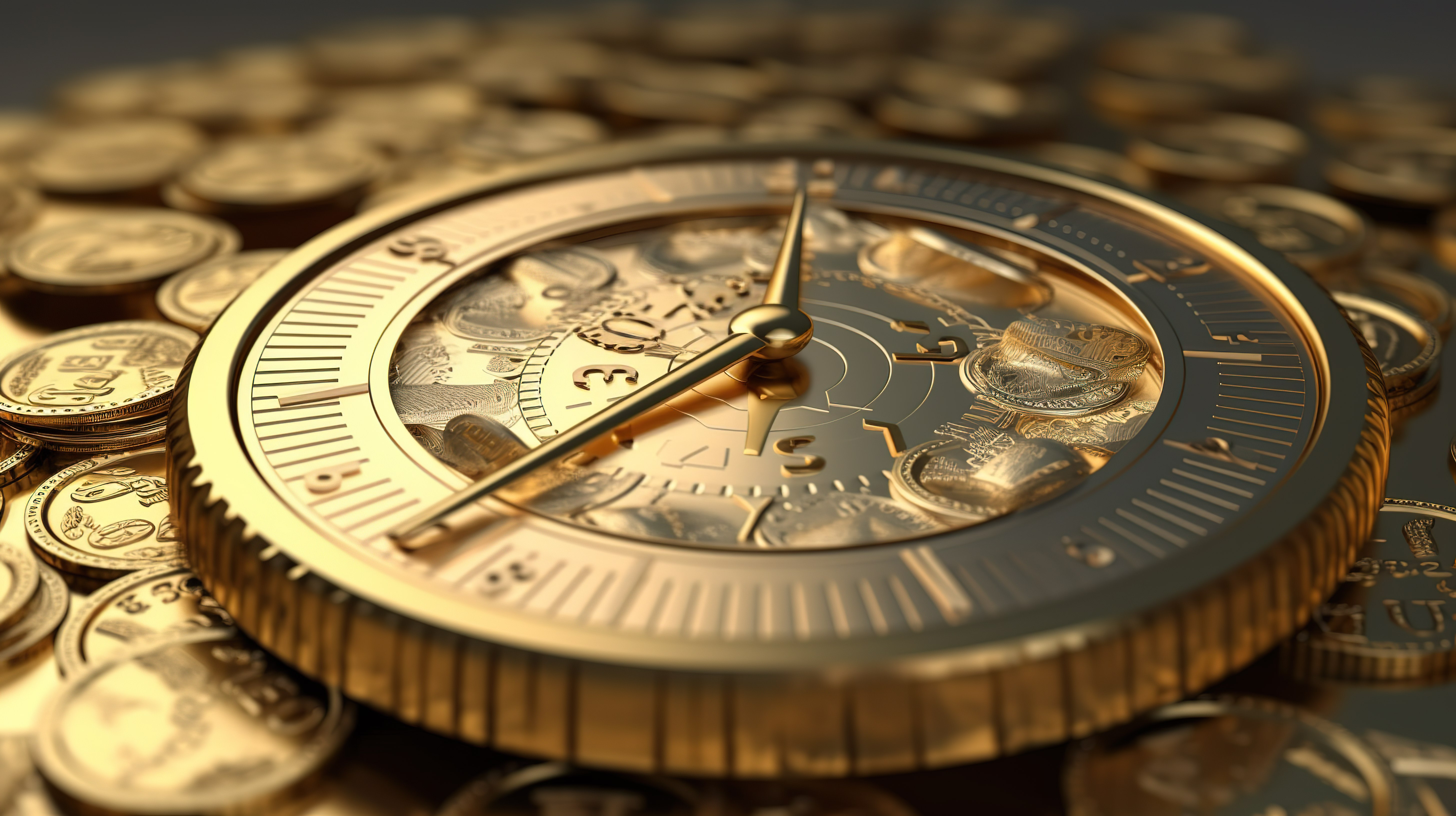 时间等于金钱概念的卡通风格插图，具有 3D 圆形时钟和美元硬币图片