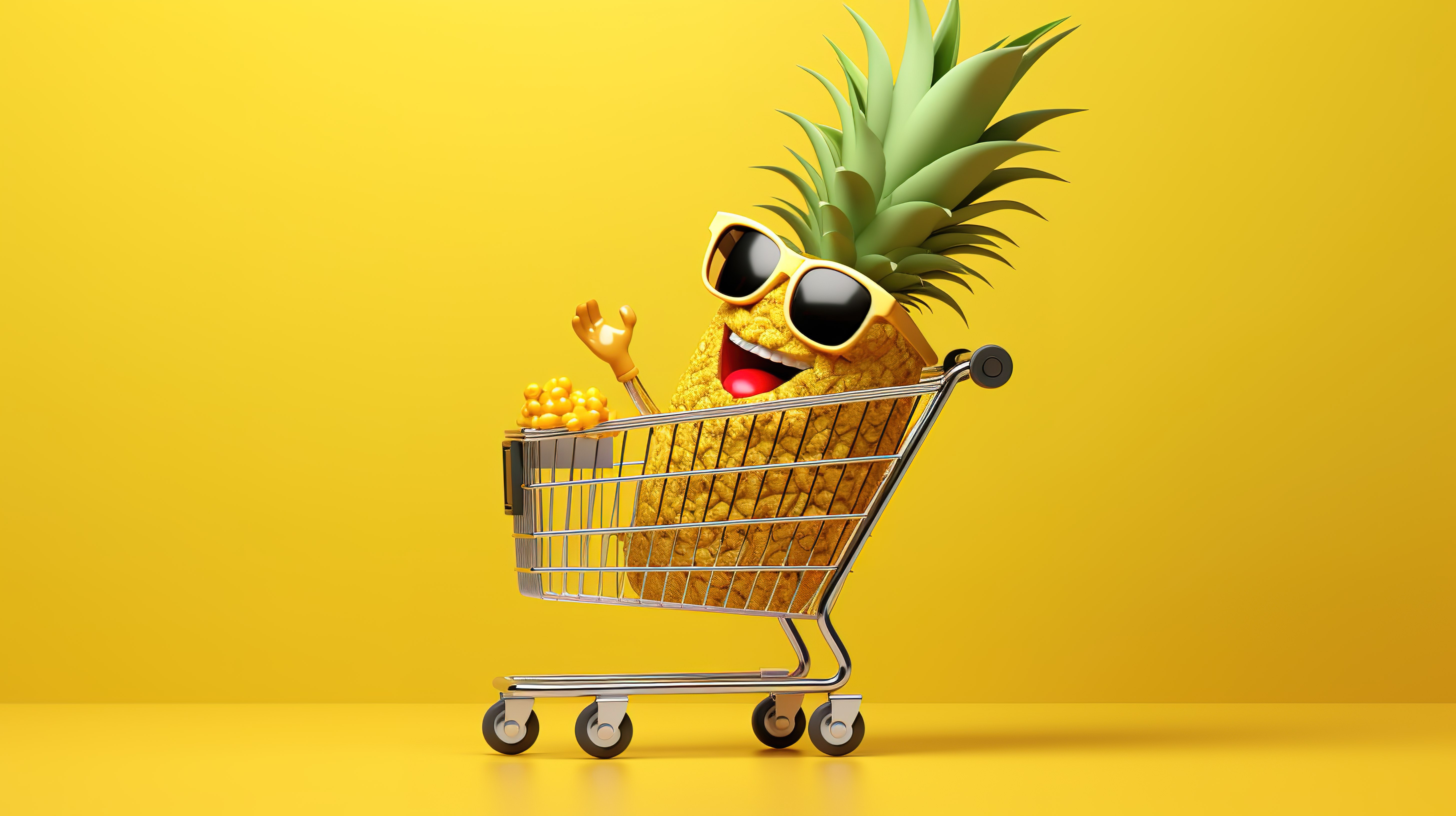 3D 渲染一个欢快时尚的菠萝卡通人物，在充满活力的黄色背景上放着购物车，完美地作为吉祥物图片
