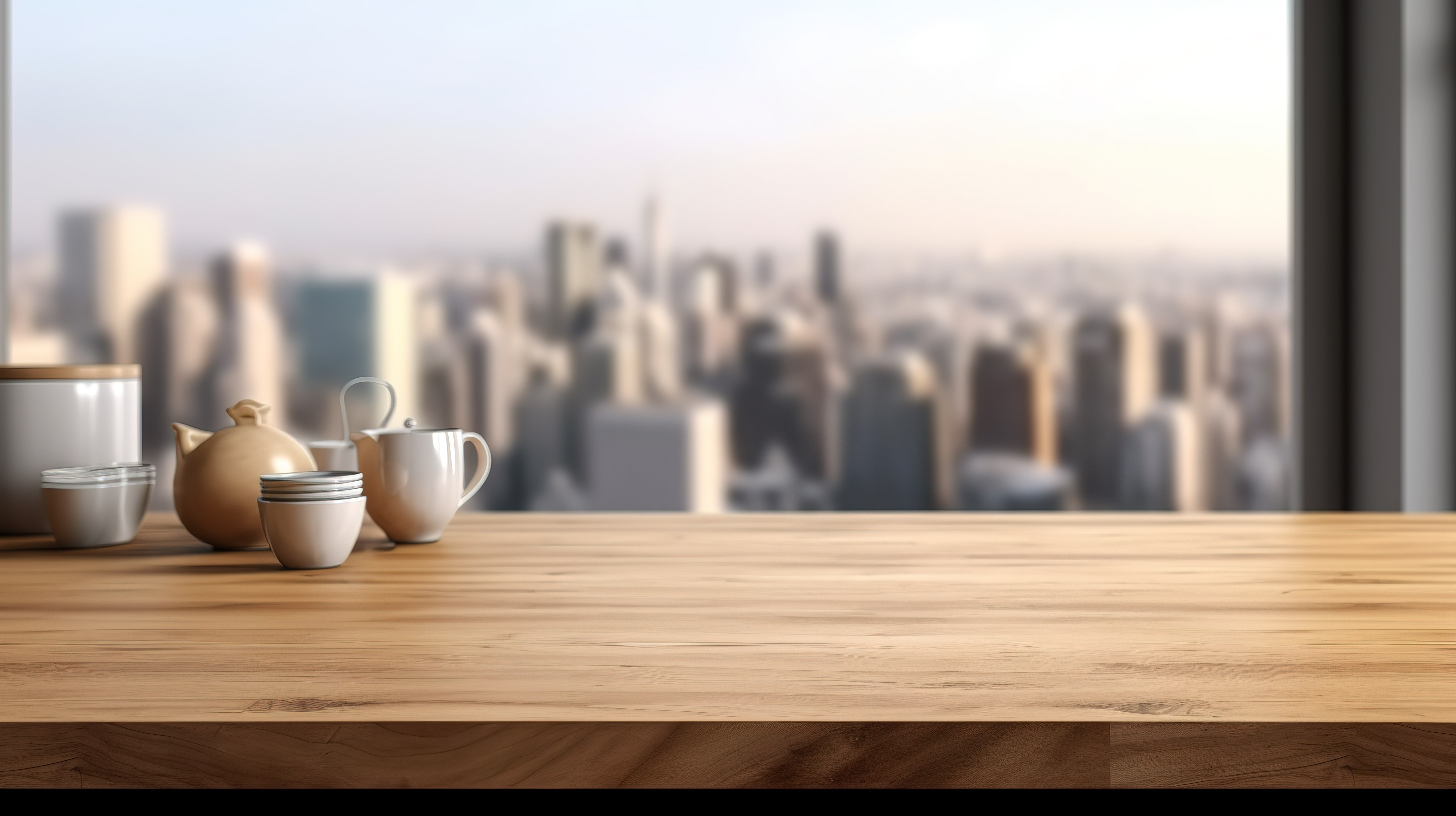 宽敞的木质桌面，可在现代公寓厨房背景下进行创意创作 3D 视觉效果图片