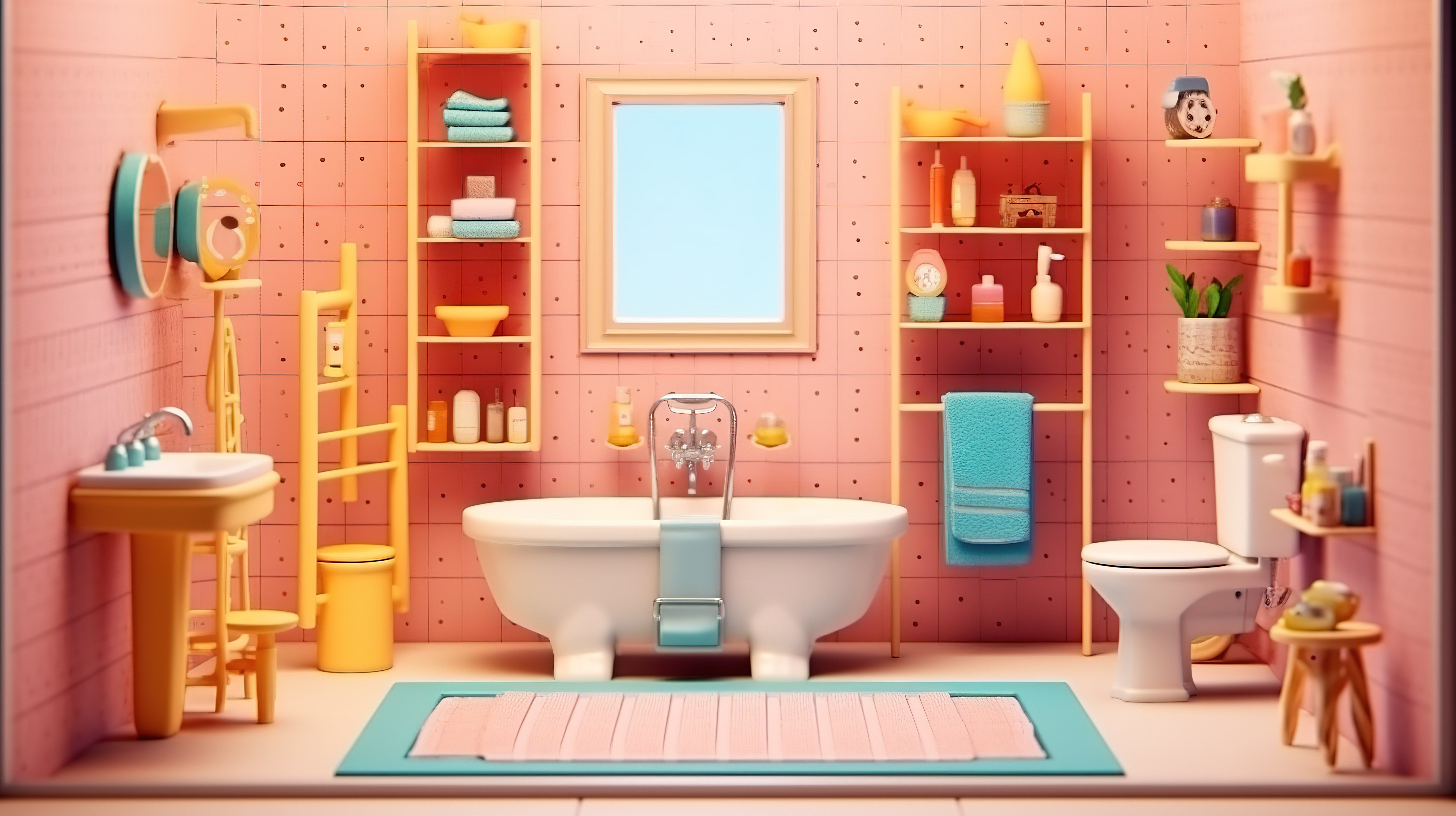 卡通浴室内部的可爱等距风格 3D 渲染图片
