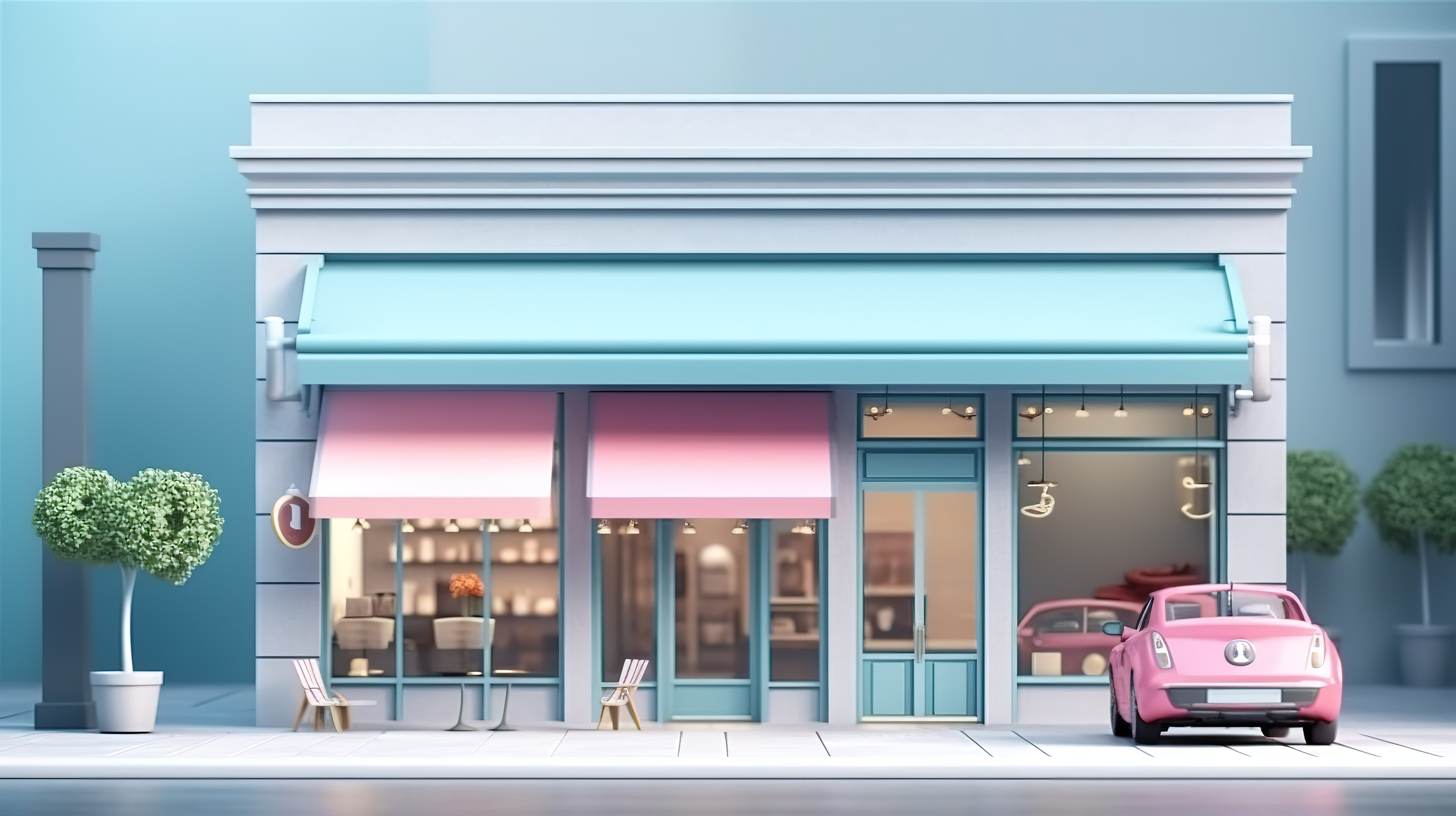 迷人的小城市店面和街景，3D 渲染中经过的汽车图片