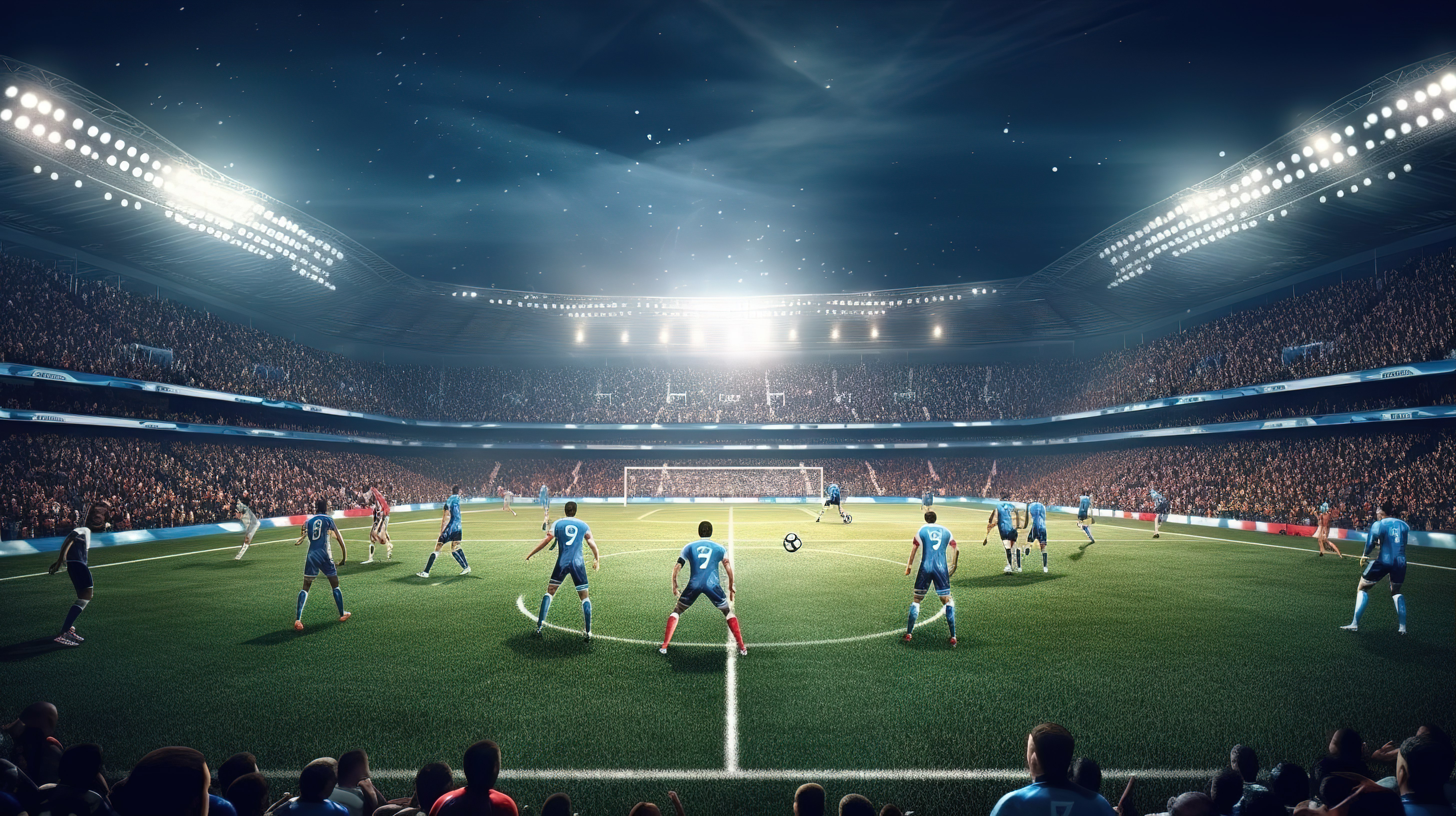 足球场的 3d 渲染与比赛足球运动员的行动图片