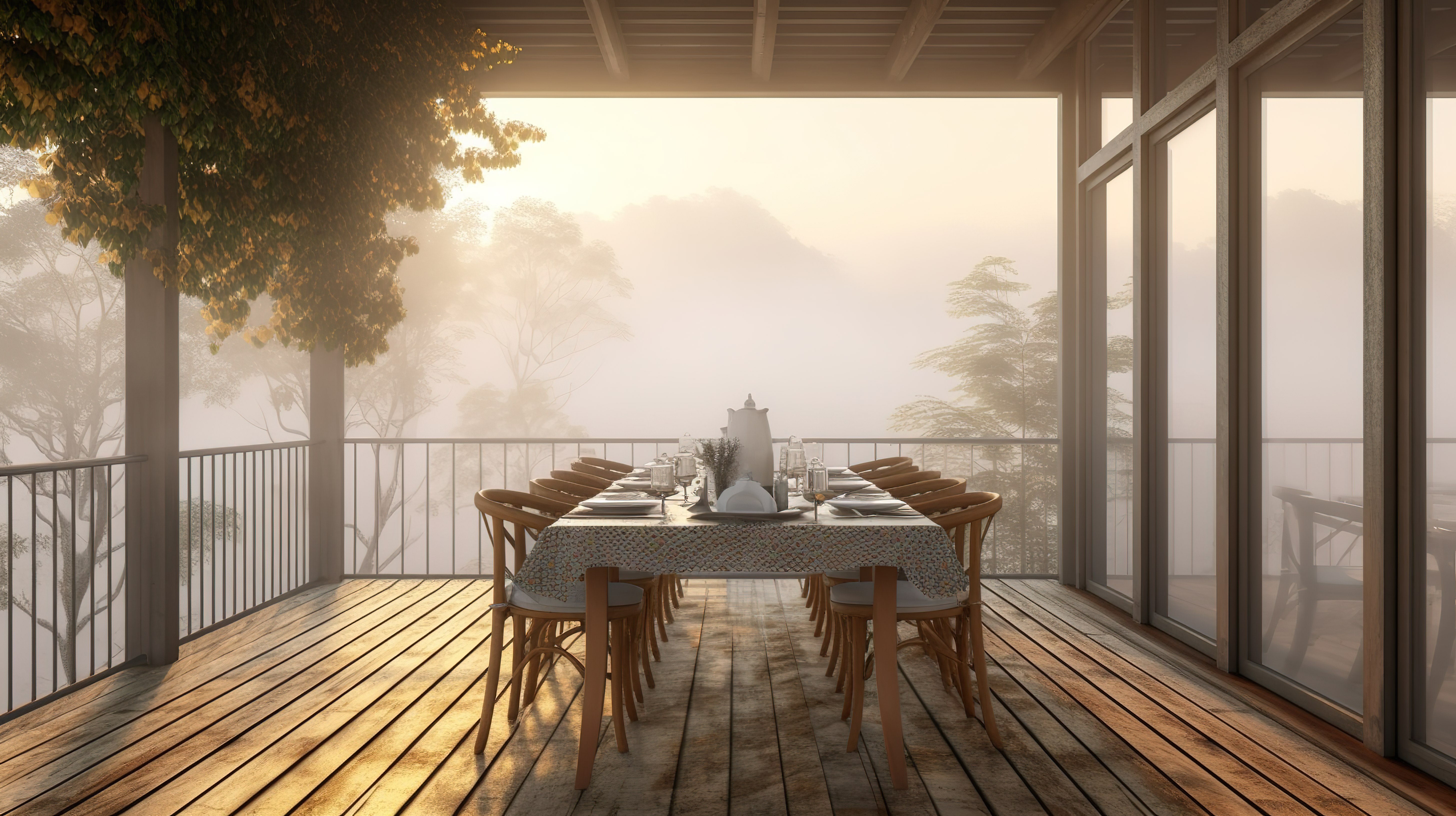 在木制露台上用餐的梦幻 3D 插图，露台上有巨大的窗户和雾蒙蒙的背景图片