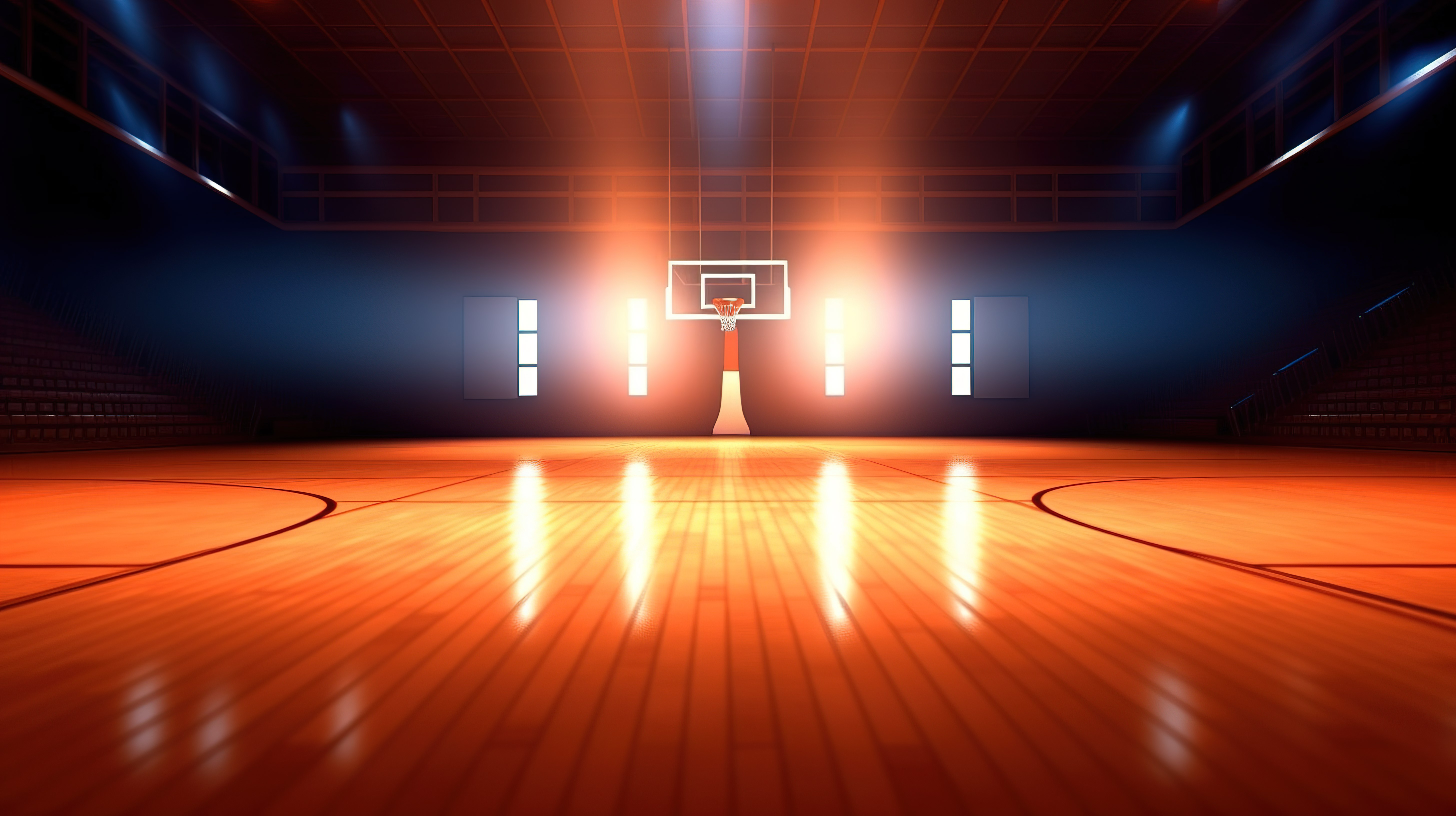 荒凉的篮球场，周围照明3D渲染图片