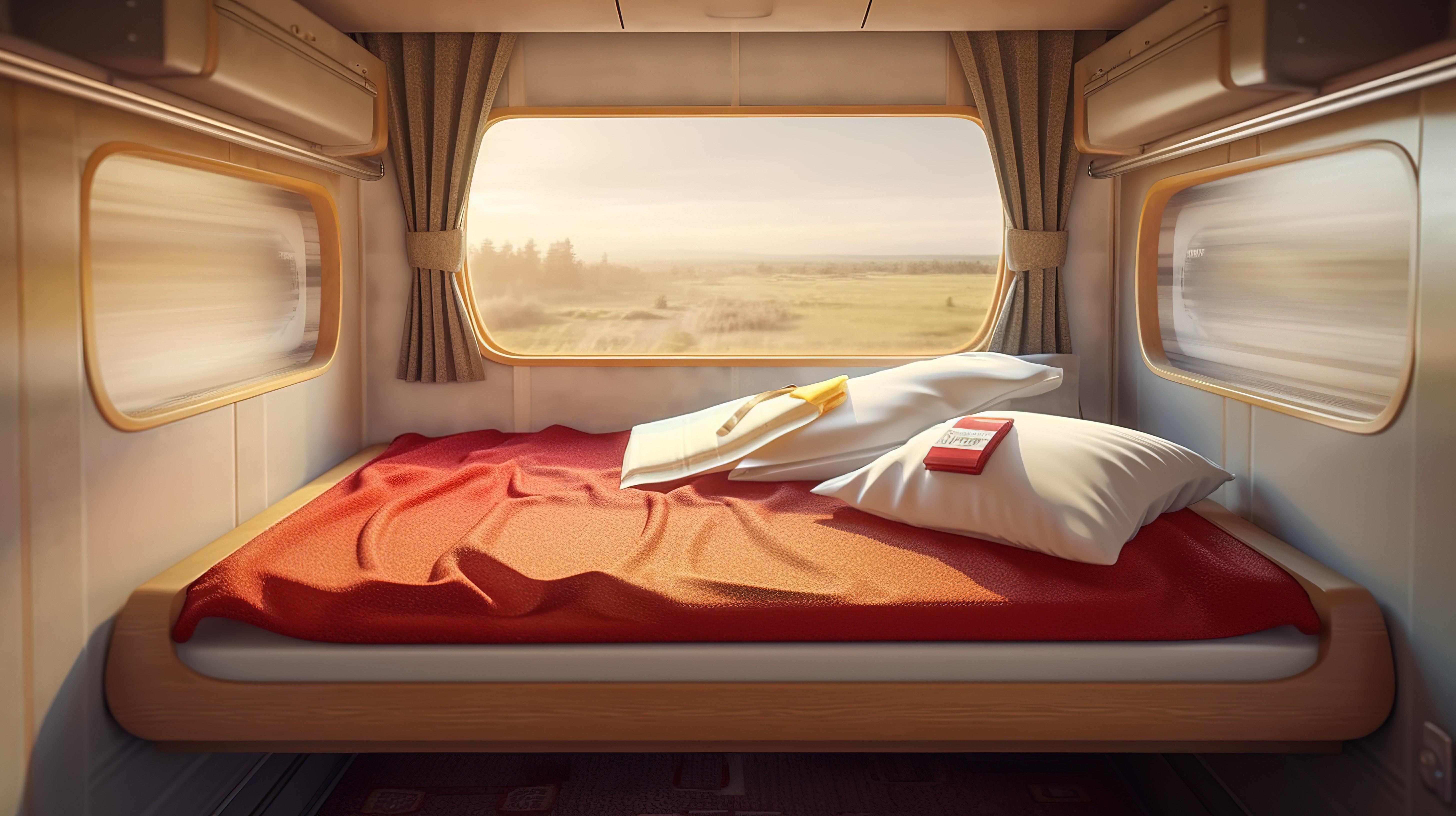 俄罗斯铁路客运车厢的上铺床上用品套件带床垫和枕头的 3D 渲染图片