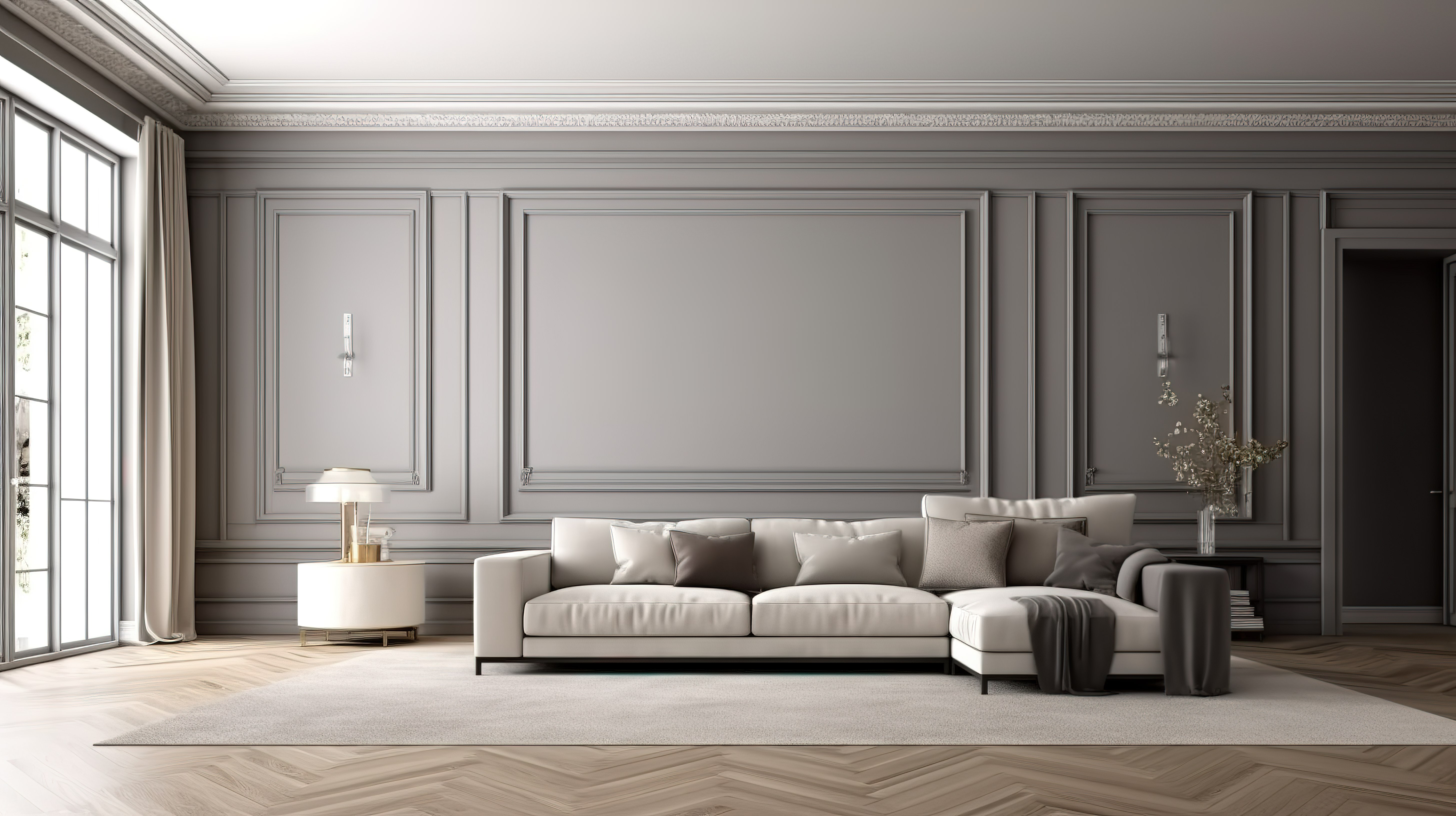 优雅而简约的客厅配有时尚的灰色和白色墙壁檐口光滑的浅色木地板和令人惊叹的 3D 渲染图片